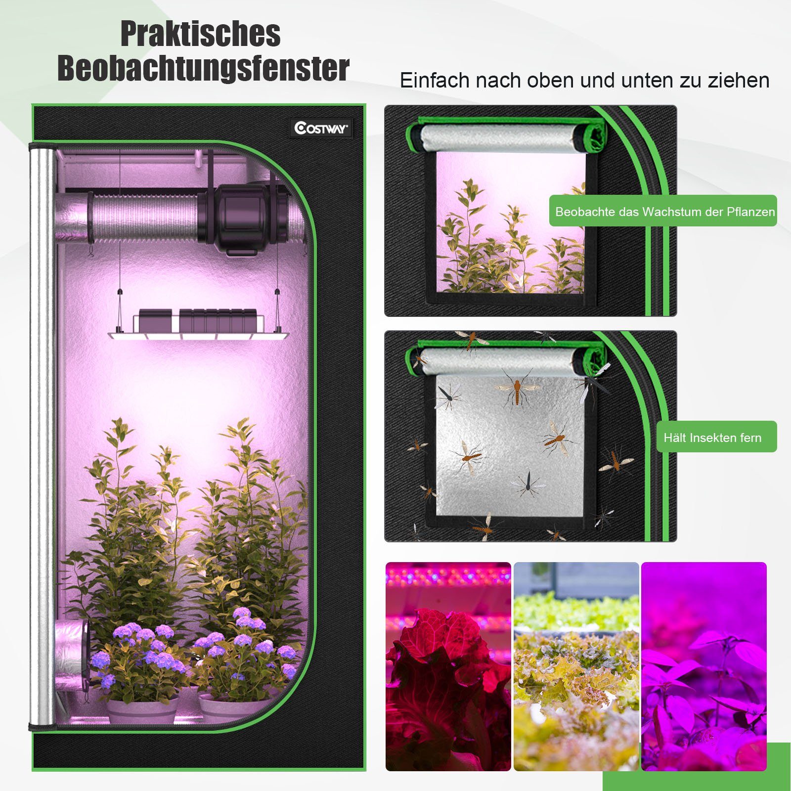 COSTWAY Gewächshaus Growzelt, mit Reißverschluss, für Indoor-Anbau