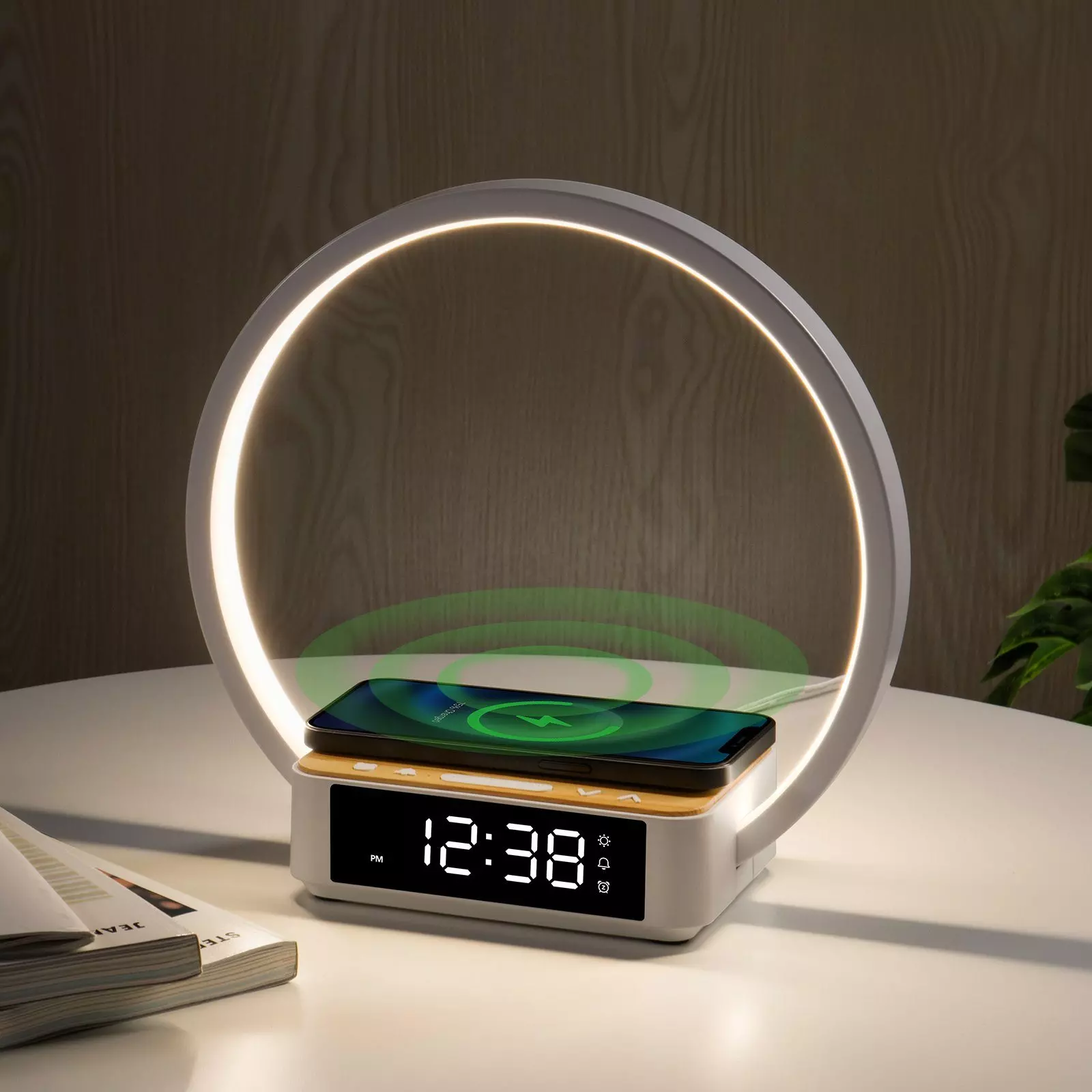 WILIT LED Tischleuchte Tischlampe Schlafzimmer Lampe Nachttisch mit Ladefunktion Kabellos, 10W kabelloses Ladegerät, LED fest integriert, Neutralweiß, Aufwachlicht, Wecker, Zeitanzeige und 3 Helligkeitsstufen dimmbar