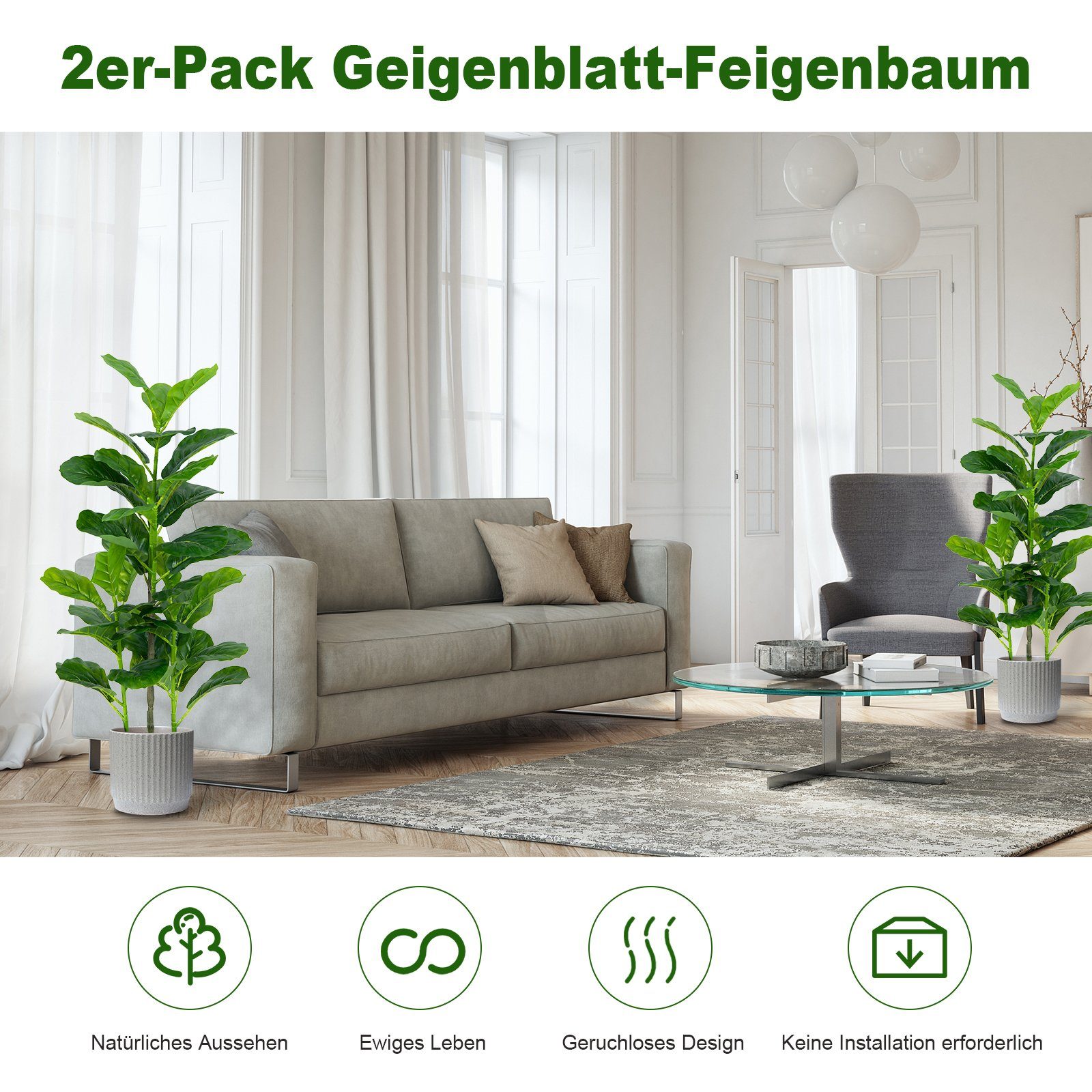 Kunstpflanze, COSTWAY, Höhe 100 cm, 2er, mit realistischen Blättern & Top