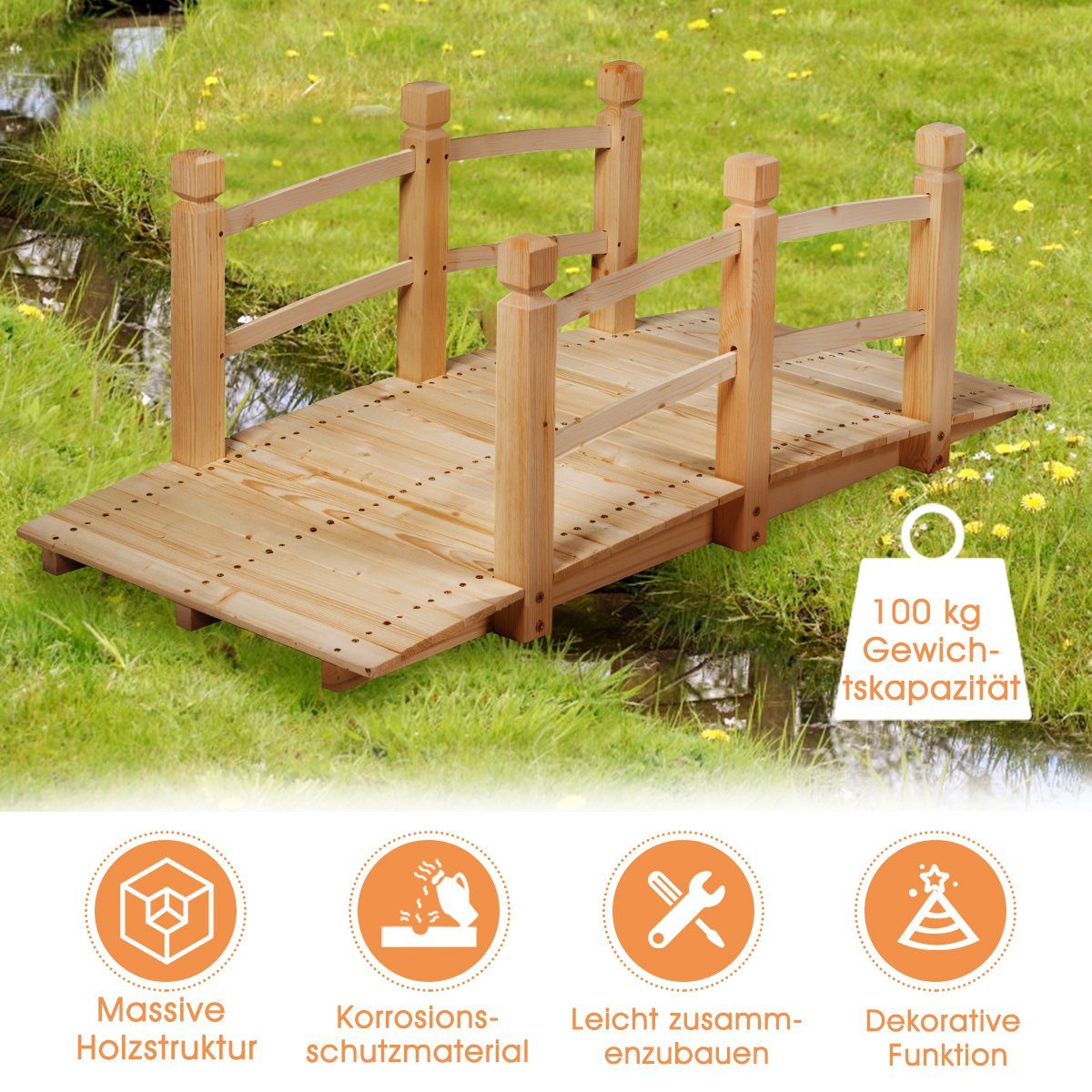 COSTWAY Zierbrücke, Holzbrücke, Gartenbrücke, Dekobrücke, 150 x 67 x 55 cm