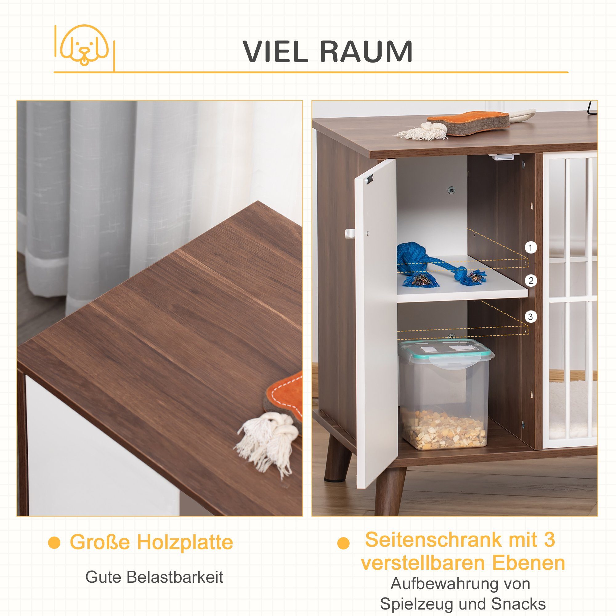 PawHut Hundehütte Hundekäfig mit Schrank inkl. Kissen 98 x 48 x 70,5 cm Braun + Weiß