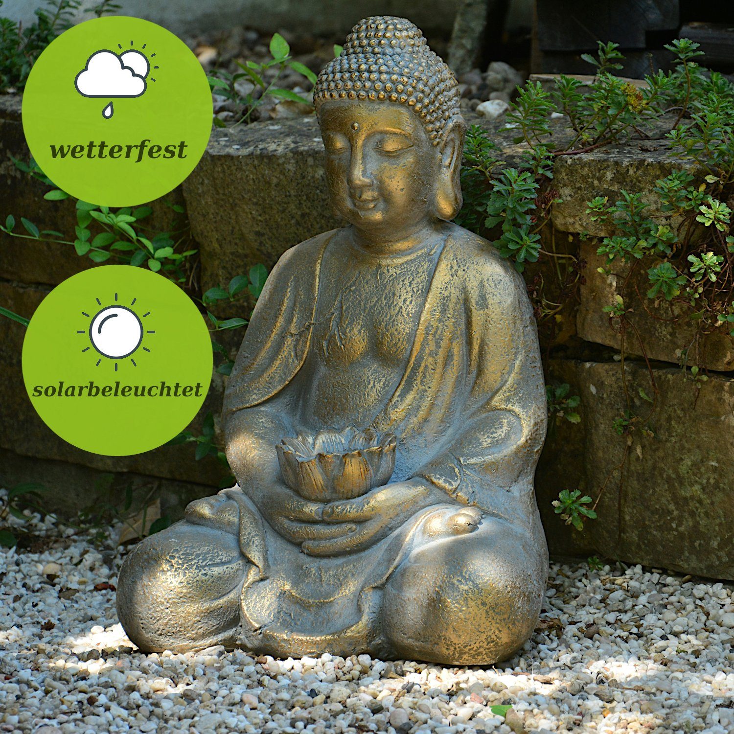 INtrenDU Gartenfigur Garten Buddha Figur 44cm mit Solarbeleuchtung und Sensorautomatik, Sensorautomatik