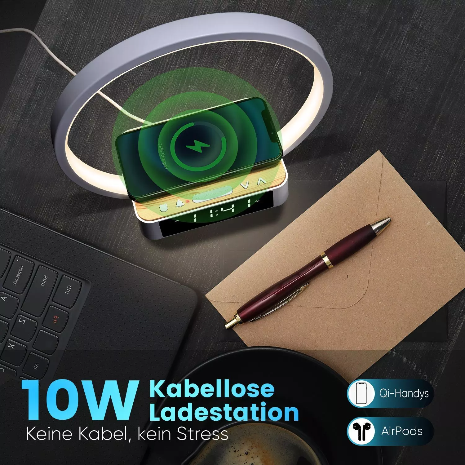 WILIT LED Tischleuchte Tischlampe Schlafzimmer Lampe Nachttisch mit Ladefunktion Kabellos, 10W kabelloses Ladegerät, LED fest integriert, Neutralweiß, Aufwachlicht, Wecker, Zeitanzeige und 3 Helligkeitsstufen dimmbar