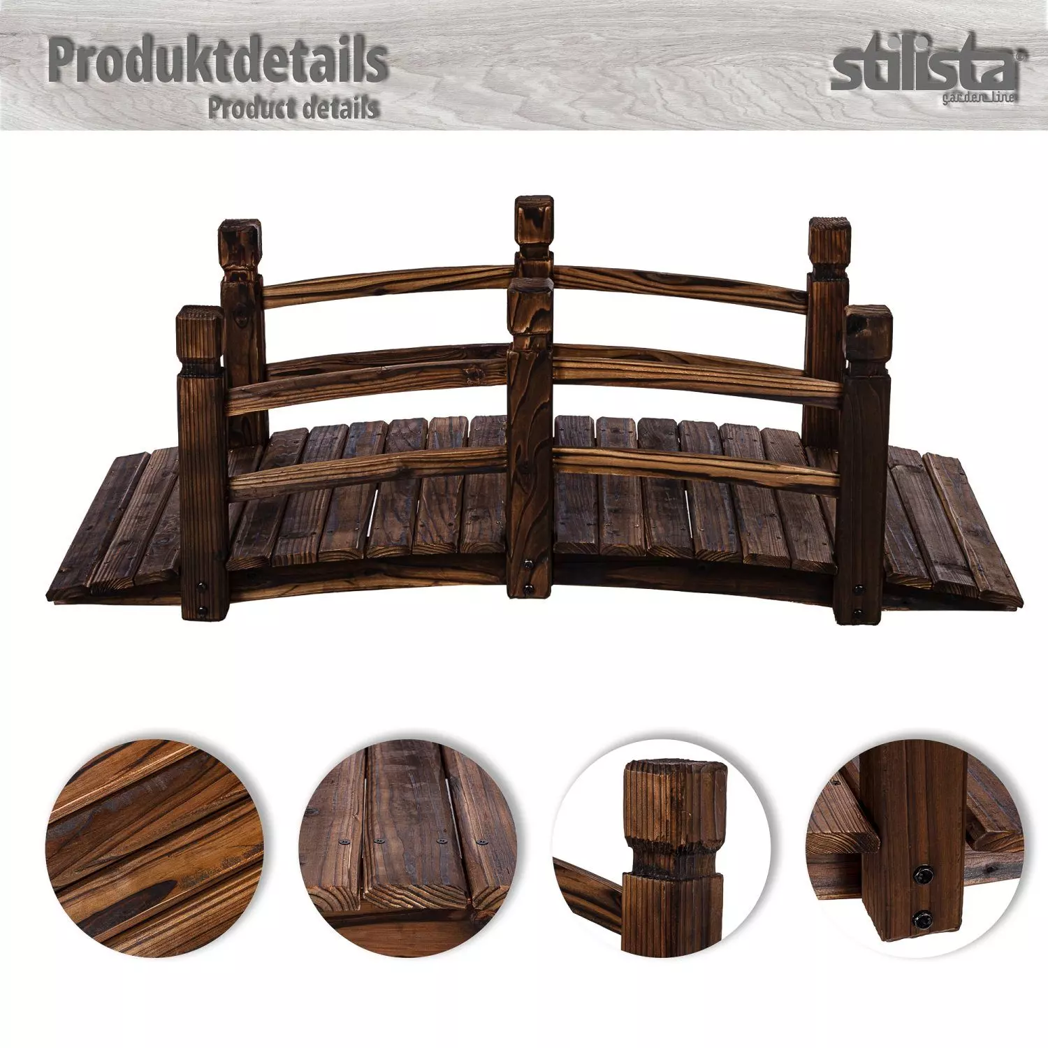 STILISTA Zierbrücke Holzbrücke Gartenbrücke Teichbrücke Dekobrücke, 150 x 65 x 53 cm, mit Geländer, geölt, Farbwahl