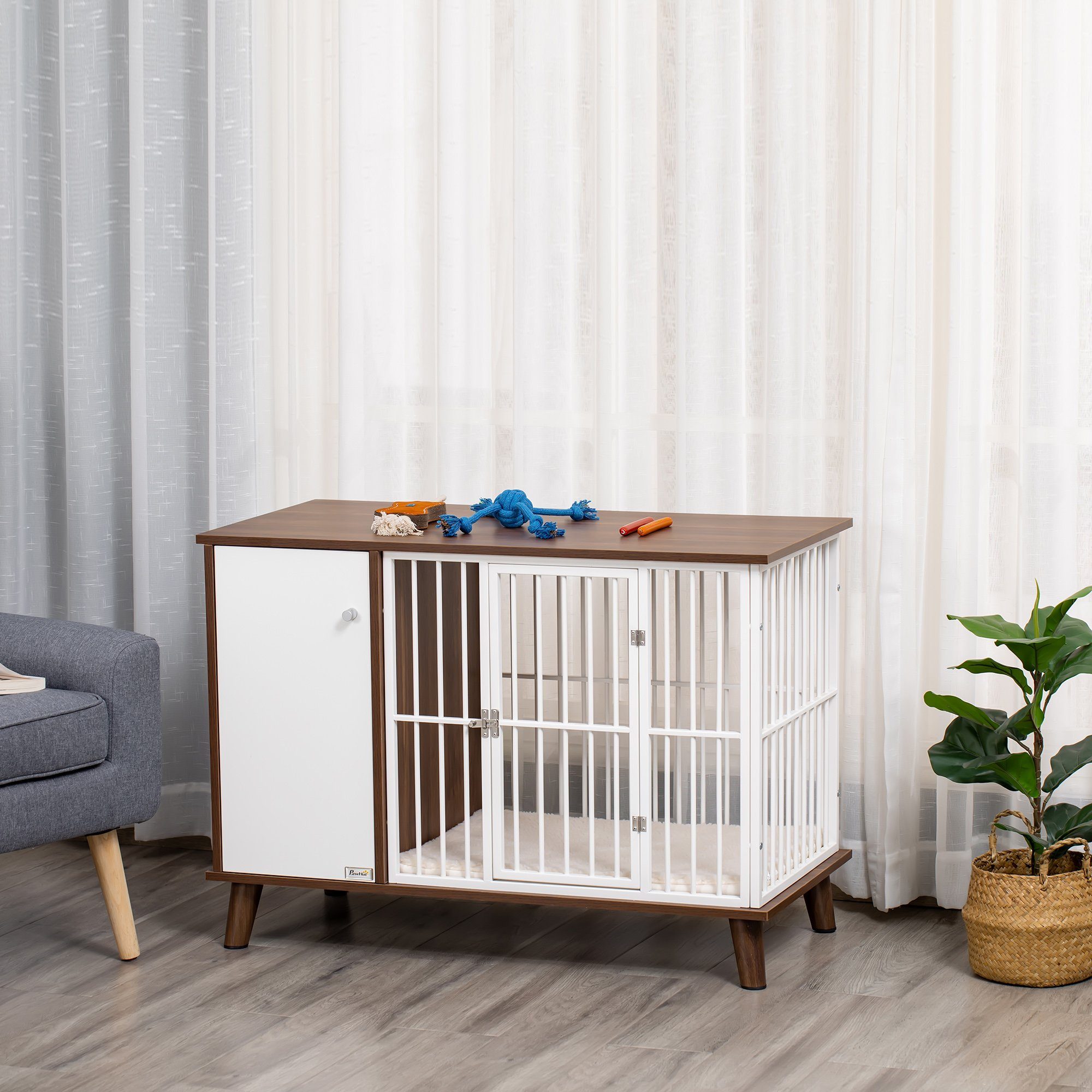 PawHut Hundehütte Hundekäfig mit Schrank inkl. Kissen 98 x 48 x 70,5 cm Braun + Weiß