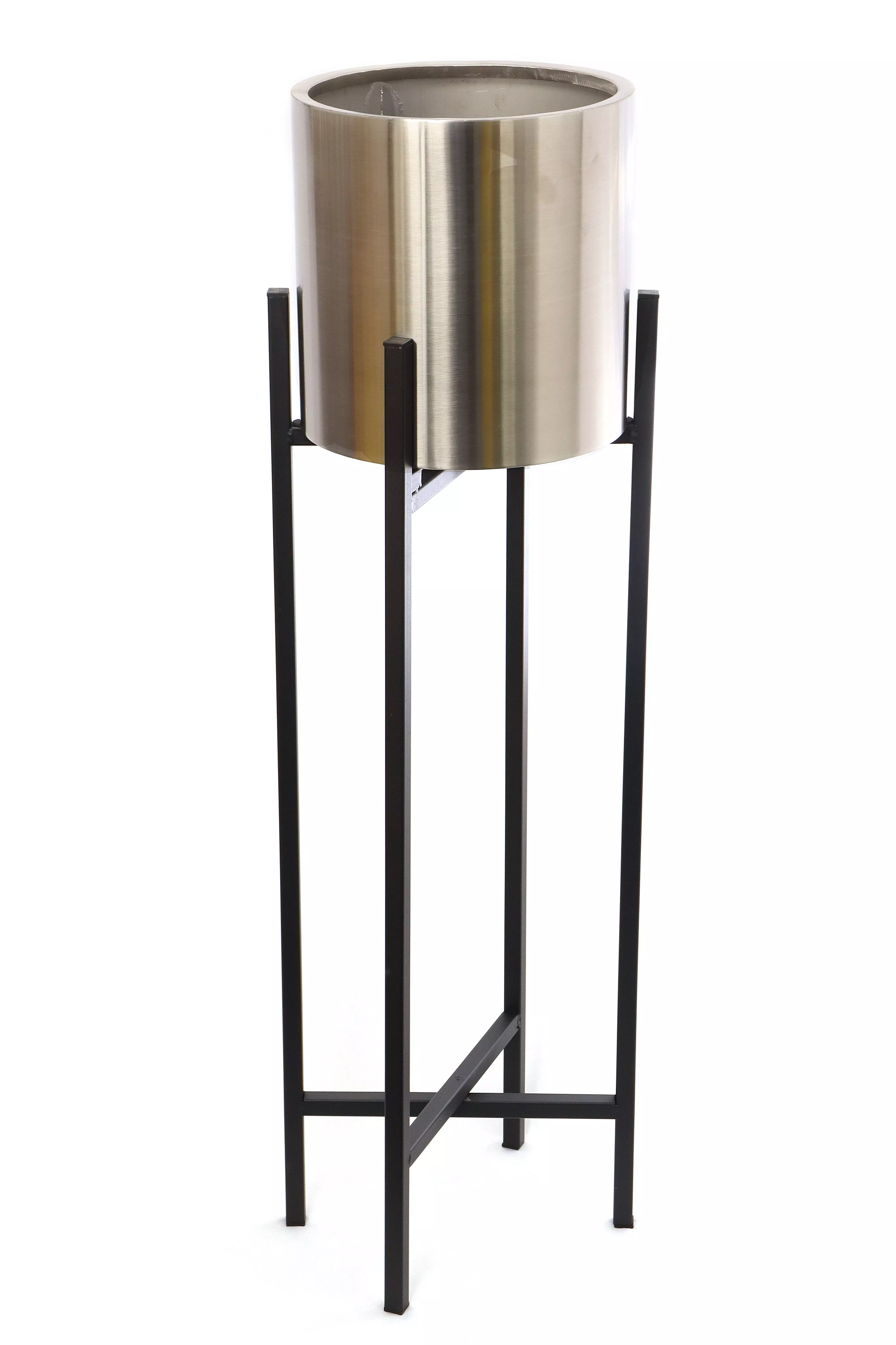 ELLUG Gartenbrunnen Blumentopf aus rostfreiem Edelstahl in Silber, schwarzer Ständer, Blumentopfhalter H.: 95,5cm Ø25cm Blumenkübel