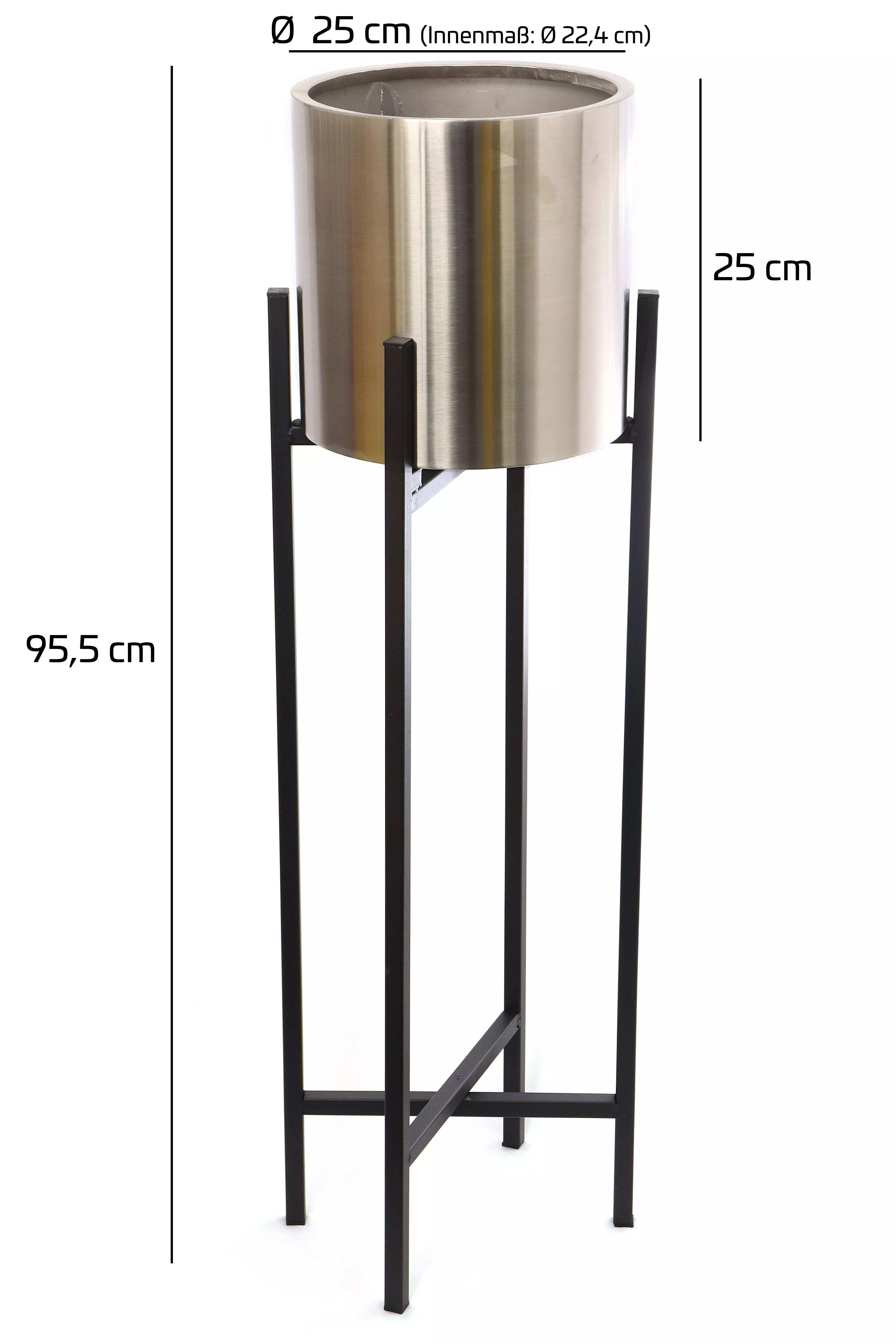 ELLUG Gartenbrunnen Blumentopf aus rostfreiem Edelstahl in Silber, schwarzer Ständer, Blumentopfhalter H.: 95,5cm Ø25cm Blumenkübel