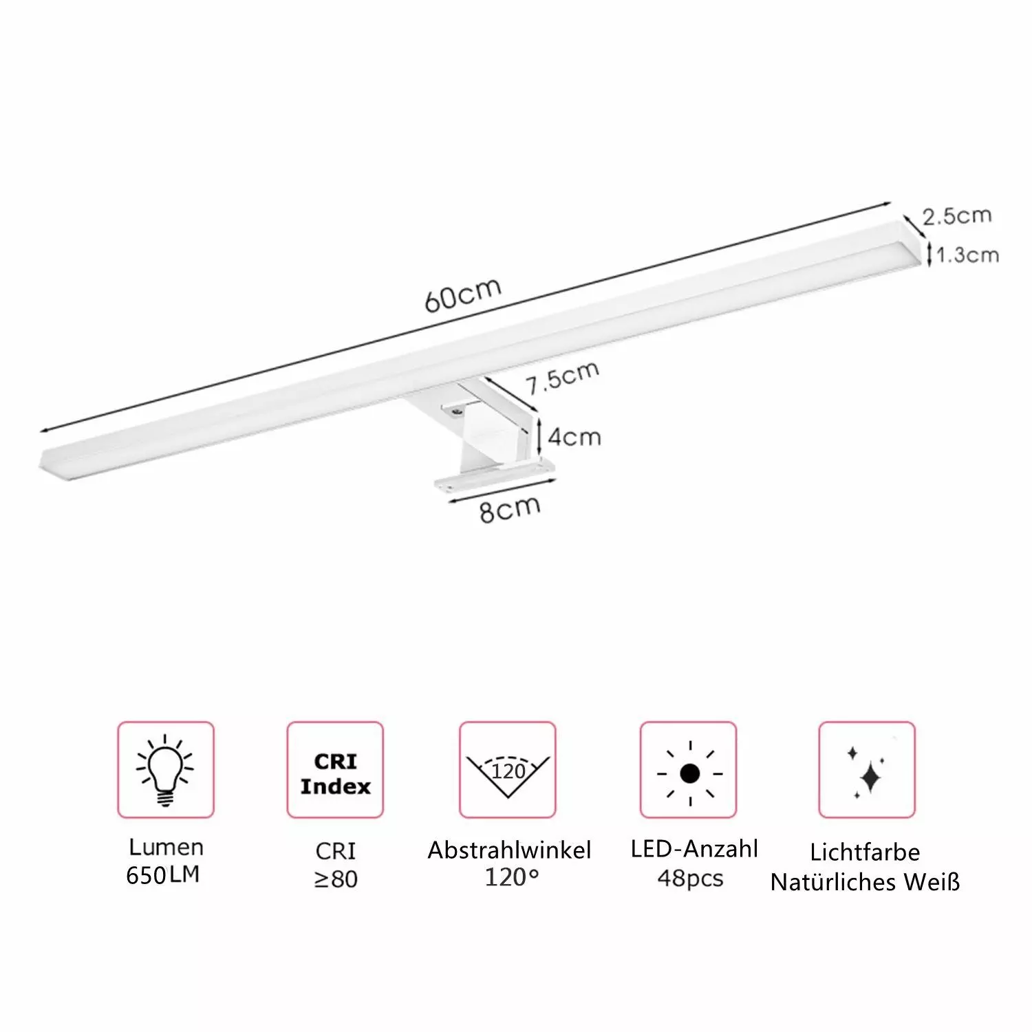 LETGOSPT Wandleuchte LED Spiegelleuchte, 30cm 60cm LED Spiegellampe, LED fest integriert, Kaltweiß, Aufbauleuchte + Klemmleuchte, Aluminium, Schminklicht, Schrank-Beleuchtung 230V 650 IP44