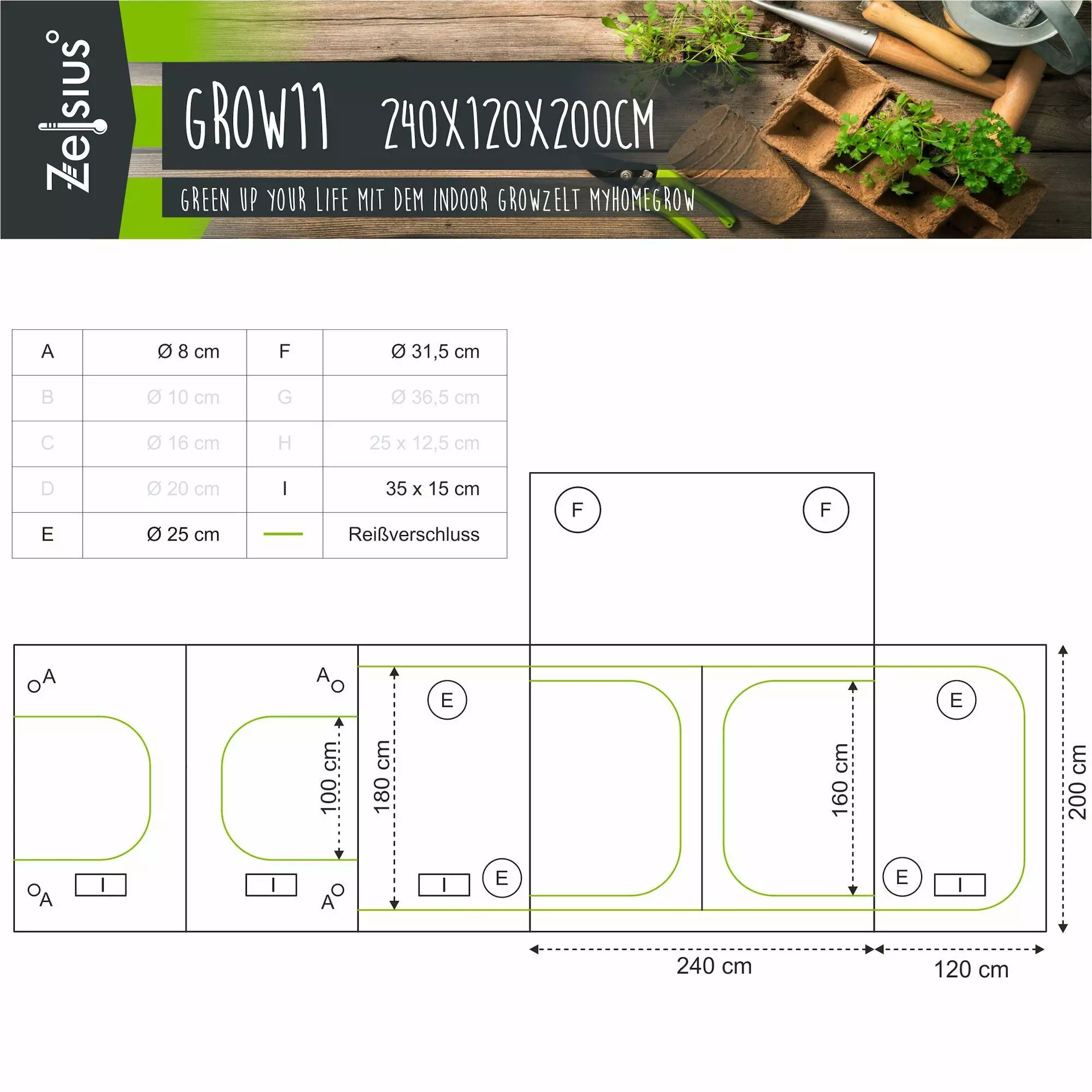Zelsius Gewächshaus ZELSIUS Grow Tent 240 x 120 x 200 cm schwarz/grün