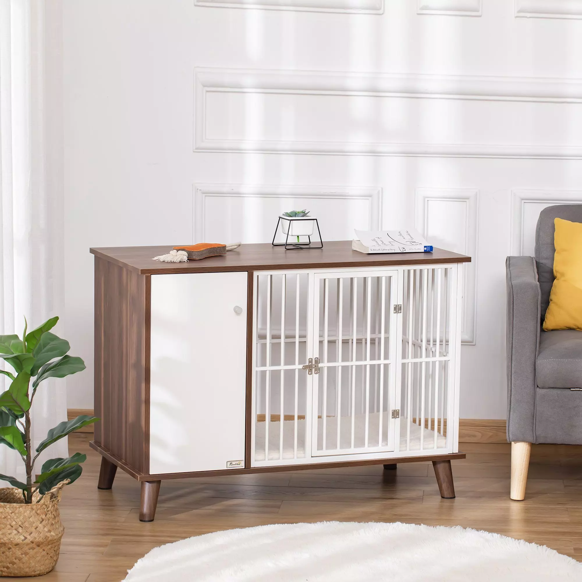 PawHut Hundehütte Hundekäfig mit Schrank inkl. Kissen 98 x 48 x 70,5 cm Braun + Weiß