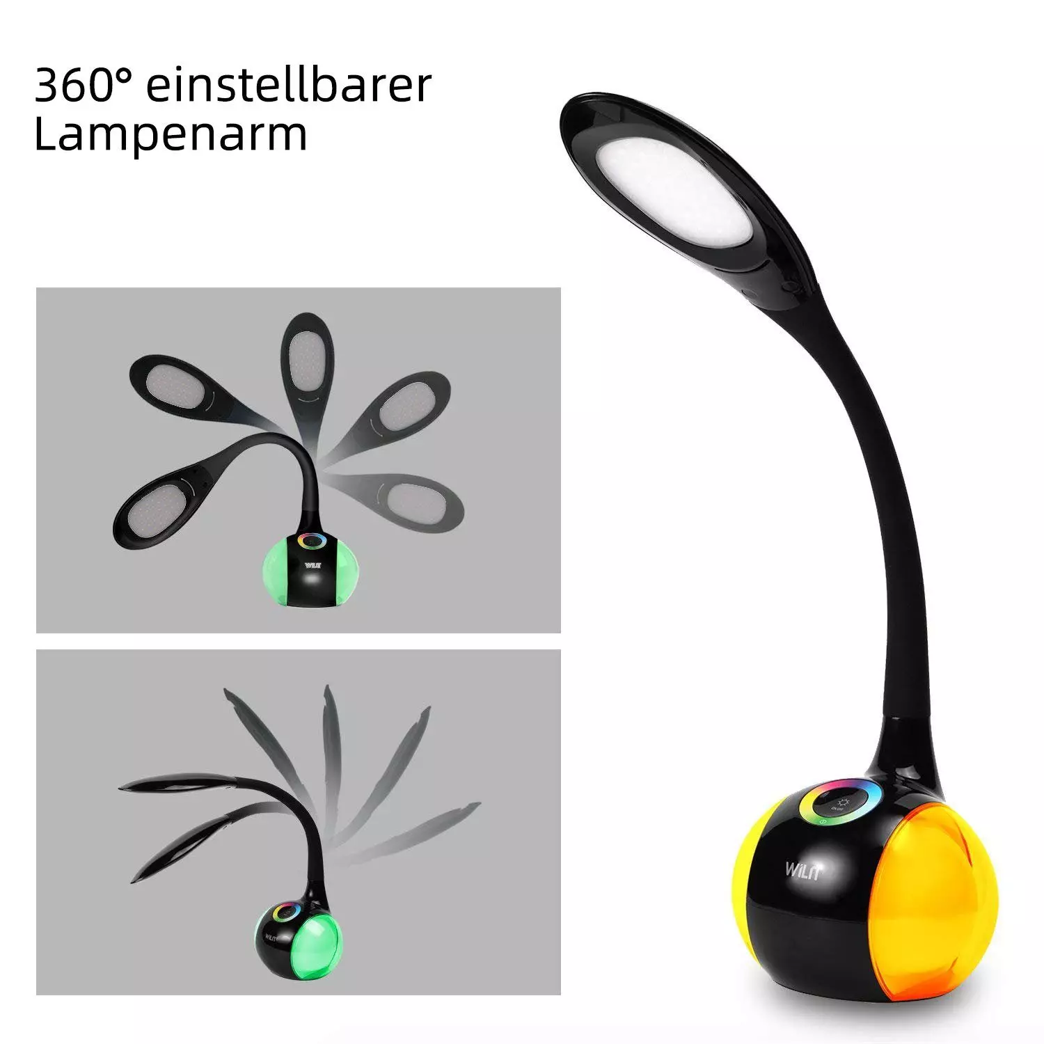 WILIT LED Tischleuchte 5W LED Schreibtischlampe Kinder Nachttischlampe Touch Dimmbar, LED fest integriert, Neutralweiß, Stufenlos Einstellbares Farblicht und 3 Helligkeitsstufen