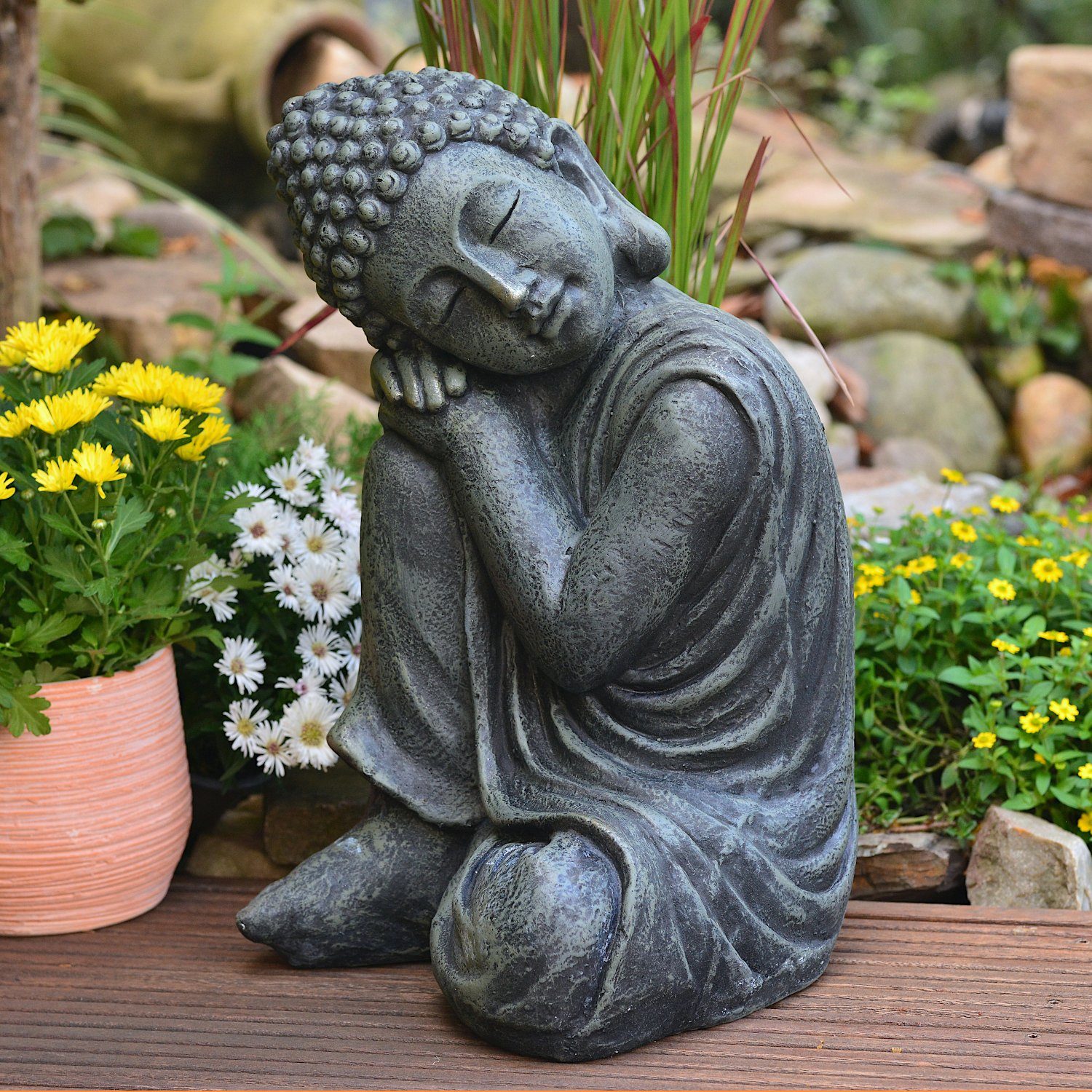 INtrenDU Gartenfigur Schlafender Garten Buddha 44cm, wetterfest für Innen und Außen