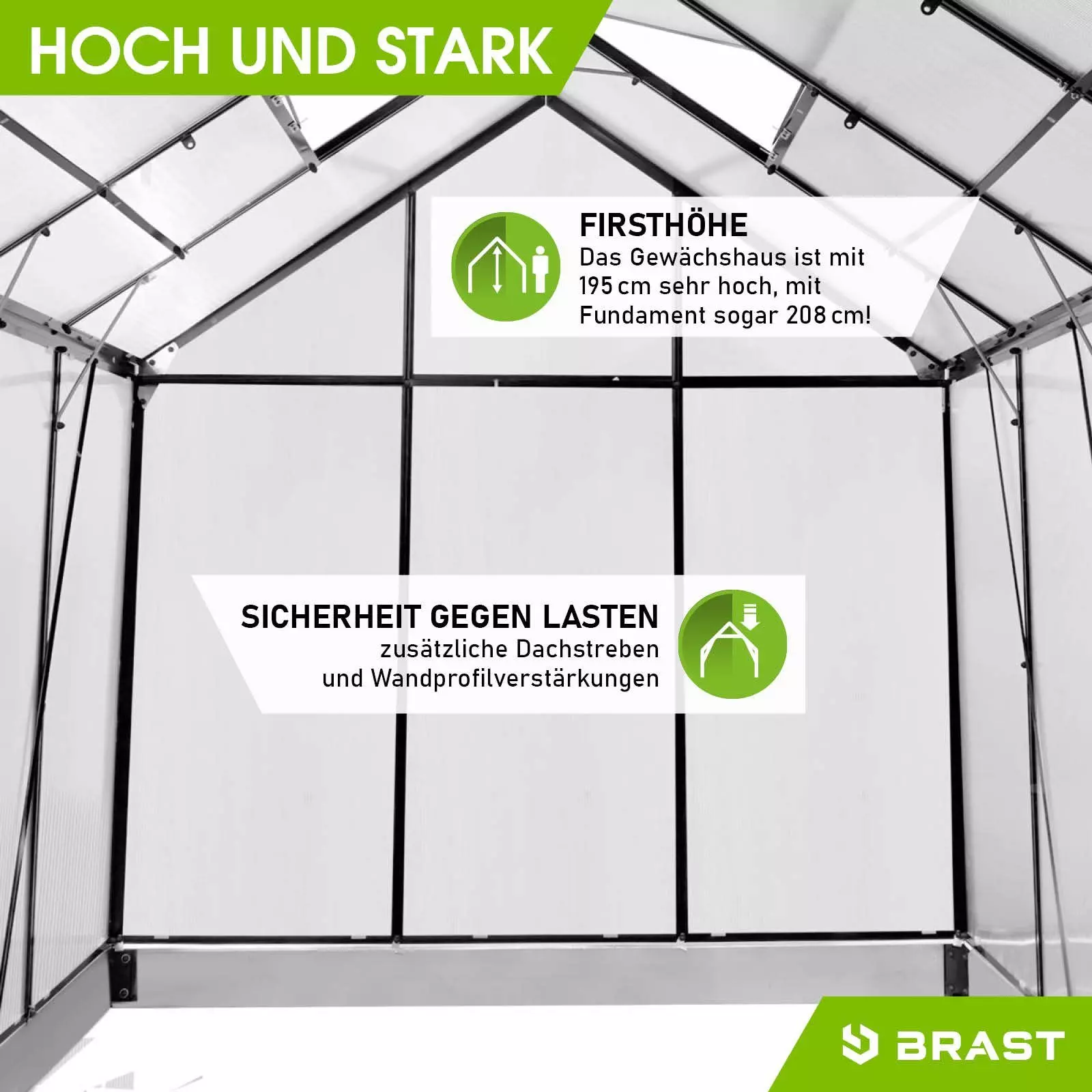 BRAST Gewächshaus ALU mit Fundament rostfrei 190x190x195cm TÜV geprüft, wetterfestes hochwertiges Aluminium