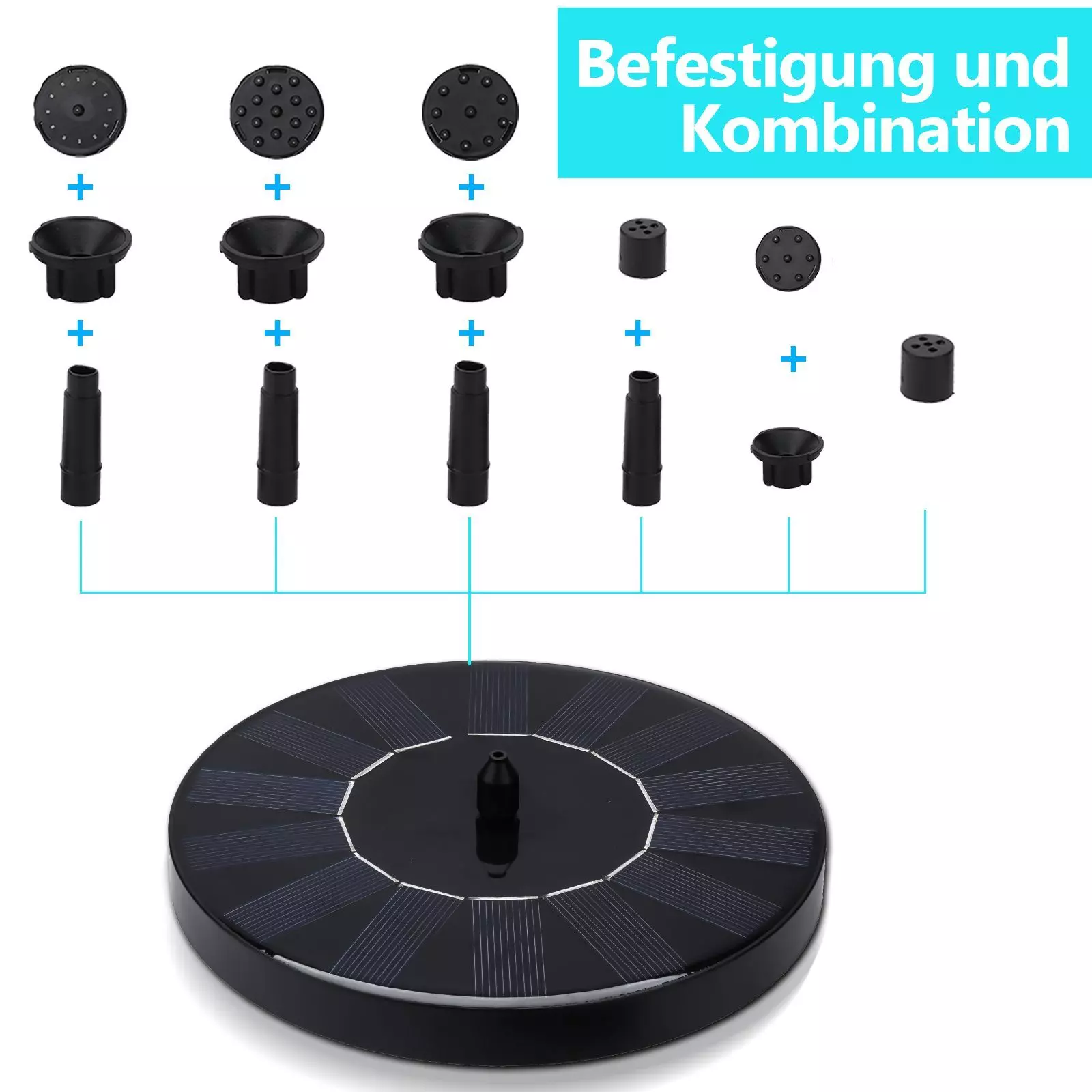 Clanmacy Gartenbrunnen SolarPumpe Solarbrunnen,Schwimmende Solarbrunnenpumpe mit 6 Brunnenstilen für den Garten, Solarwasserpumpe, Pumpe für Gartenteiche oder Vogeltränke 1.5W