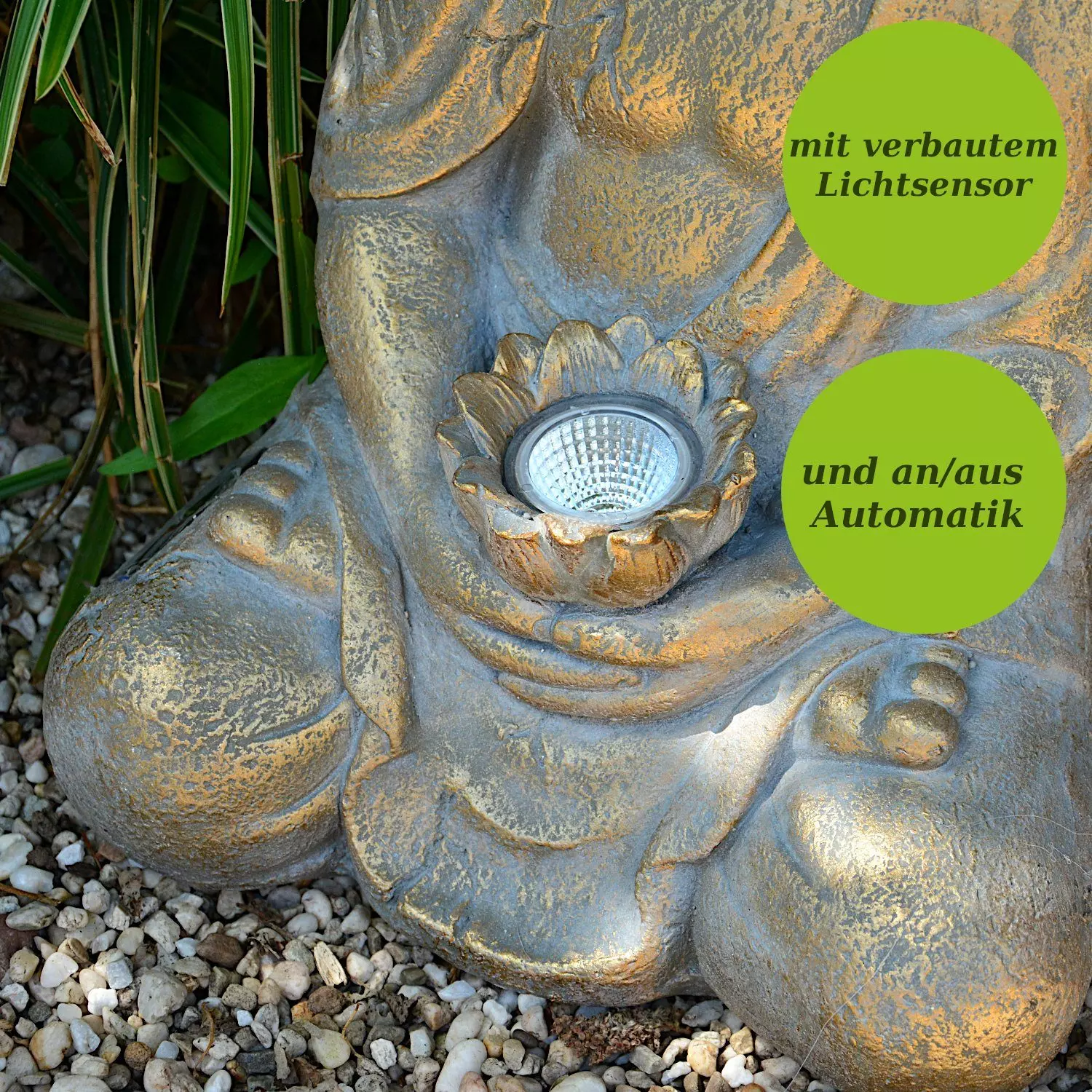 INtrenDU Gartenfigur Garten Buddha Figur 44cm mit Solarbeleuchtung und Sensorautomatik, Sensorautomatik