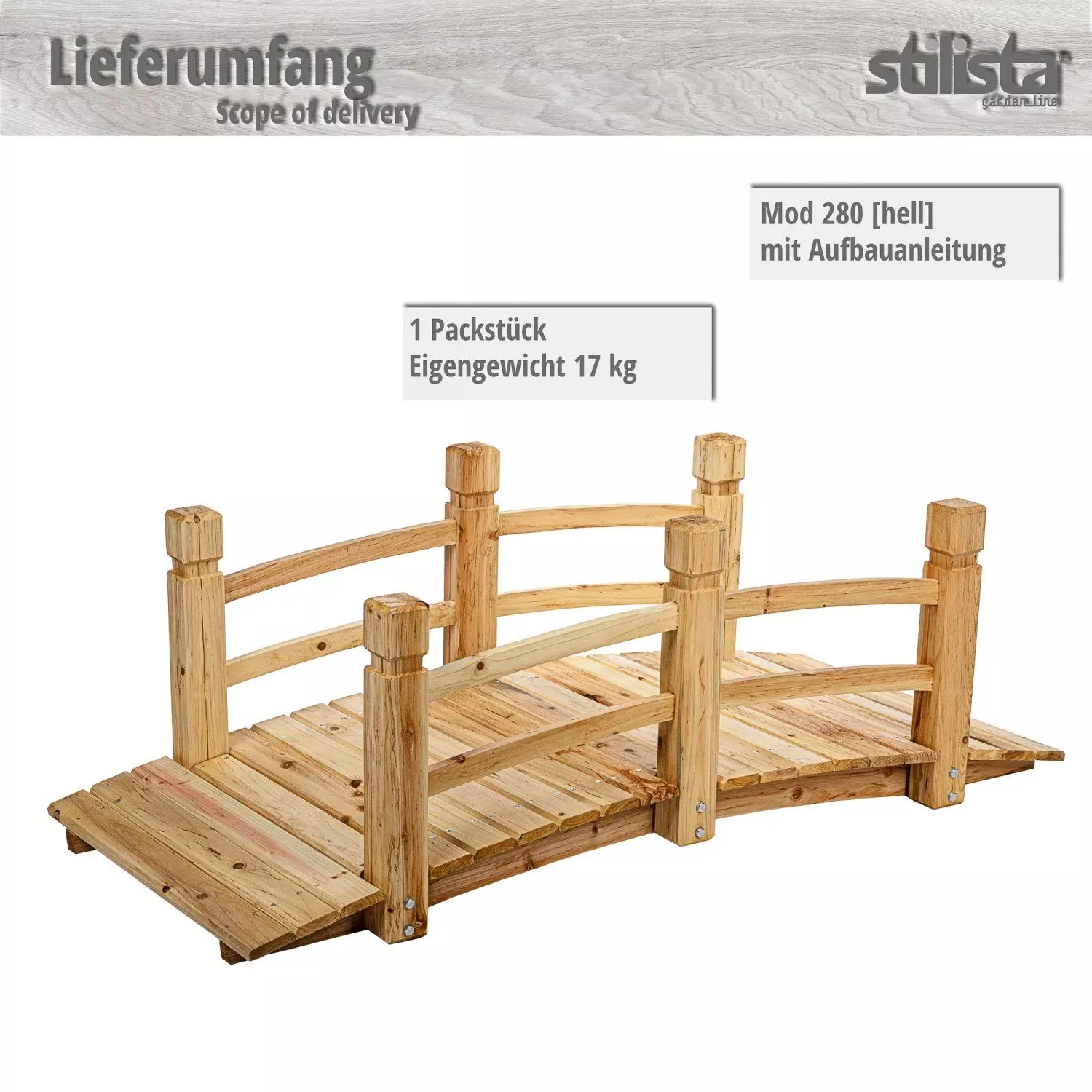 STILISTA Zierbrücke Holzbrücke Gartenbrücke Teichbrücke Dekobrücke, 150 x 65 x 53 cm, mit Geländer, geölt, Farbwahl