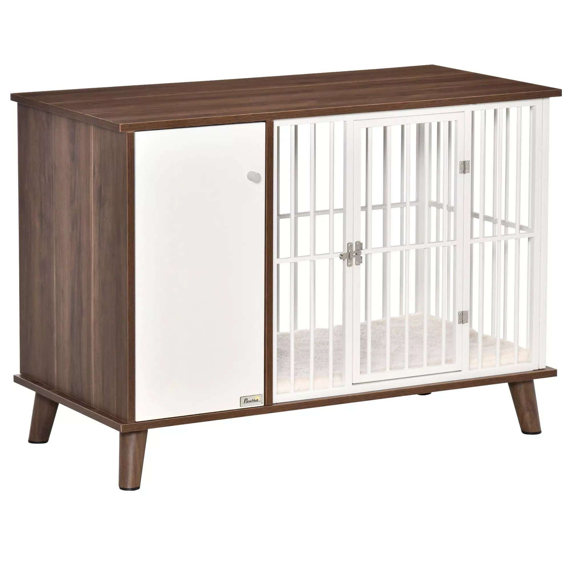 PawHut Hundehütte Hundekäfig mit Schrank inkl. Kissen 98 x 48 x 70,5 cm Braun + Weiß