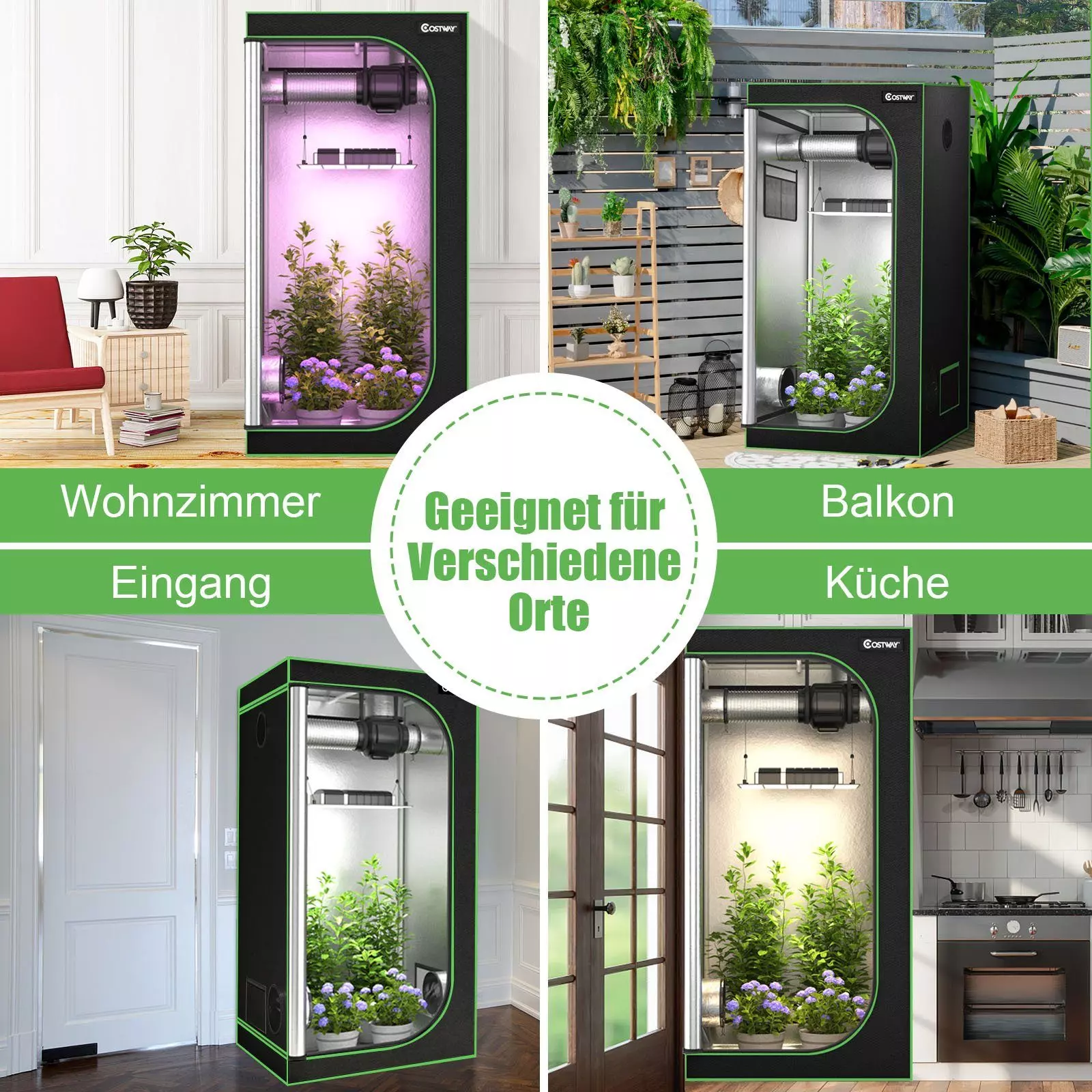 COSTWAY Gewächshaus Growzelt, mit Reißverschluss, für Indoor-Anbau