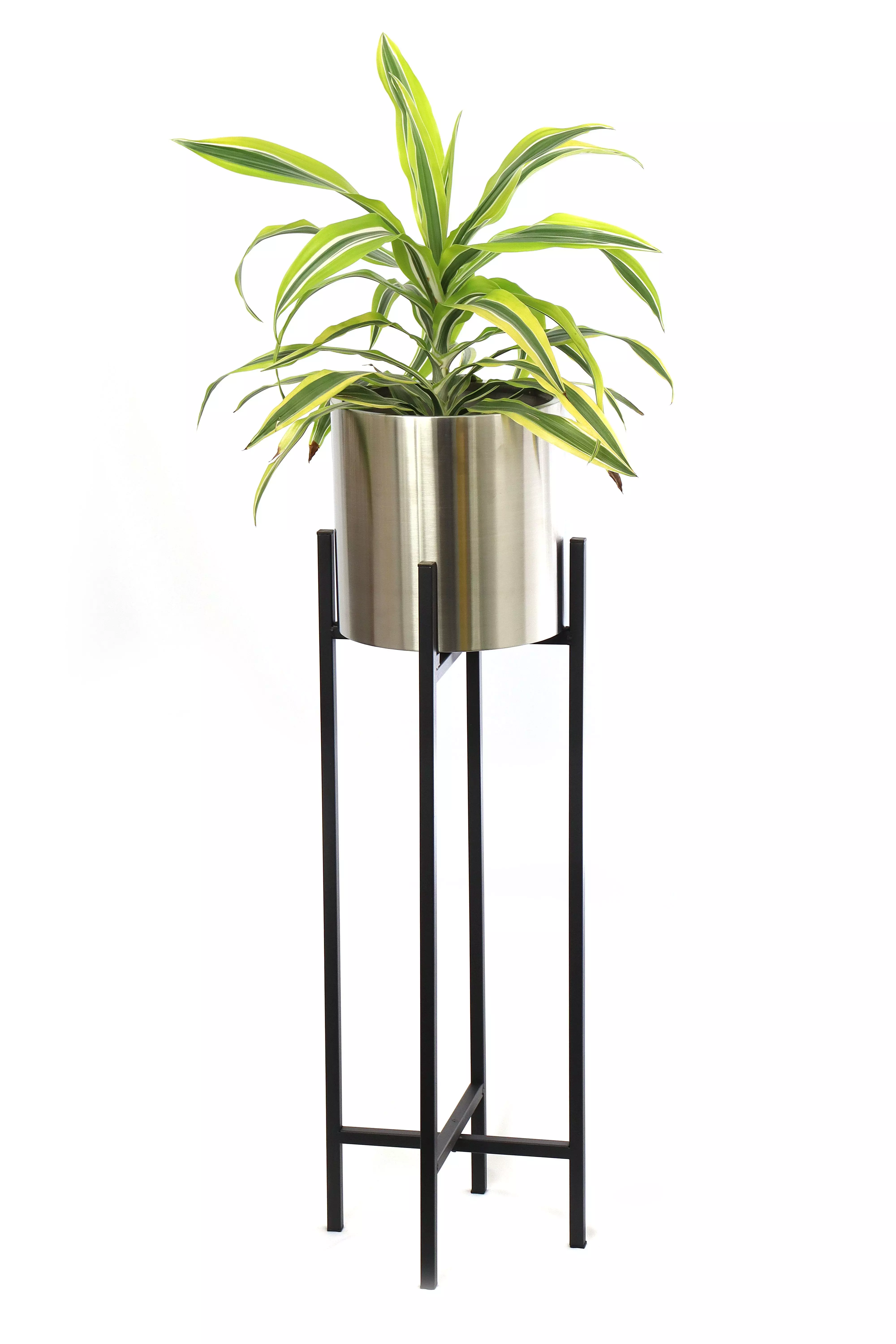 ELLUG Gartenbrunnen Blumentopf aus rostfreiem Edelstahl in Silber, schwarzer Ständer, Blumentopfhalter H.: 95,5cm Ø25cm Blumenkübel
