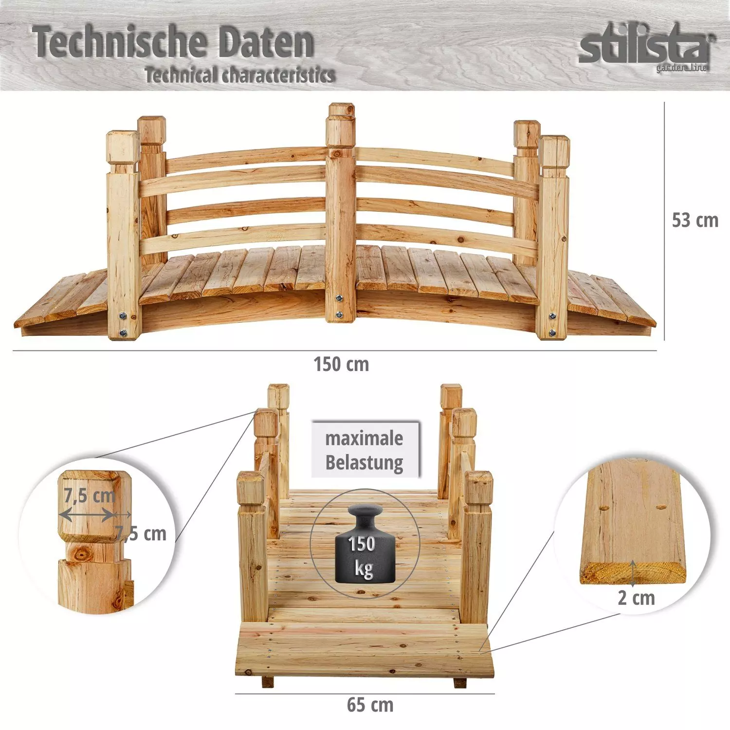 STILISTA Zierbrücke Holzbrücke Gartenbrücke Teichbrücke Dekobrücke, 150 x 65 x 53 cm, mit Geländer, geölt, Farbwahl