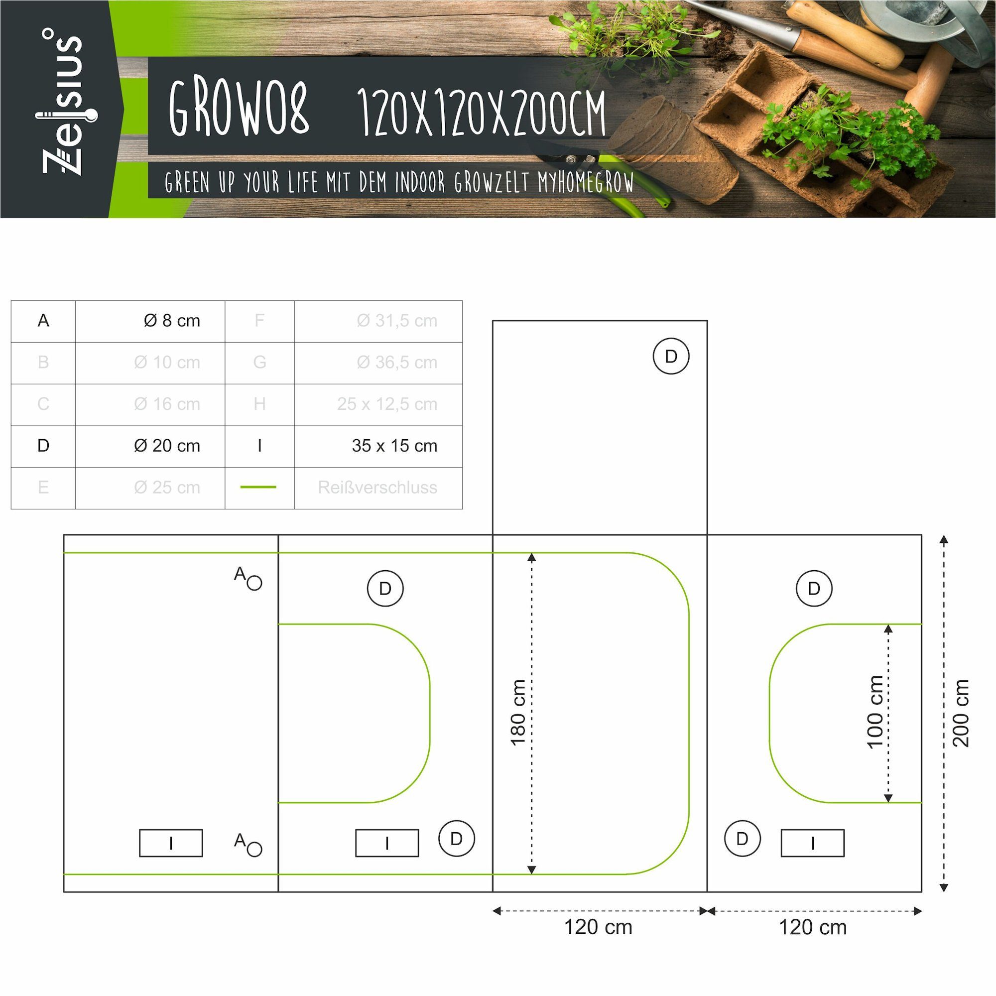 Zelsius Gewächshaus ZELSIUS Grow Tent 120 x 120 x 200 cm grau/schwarz