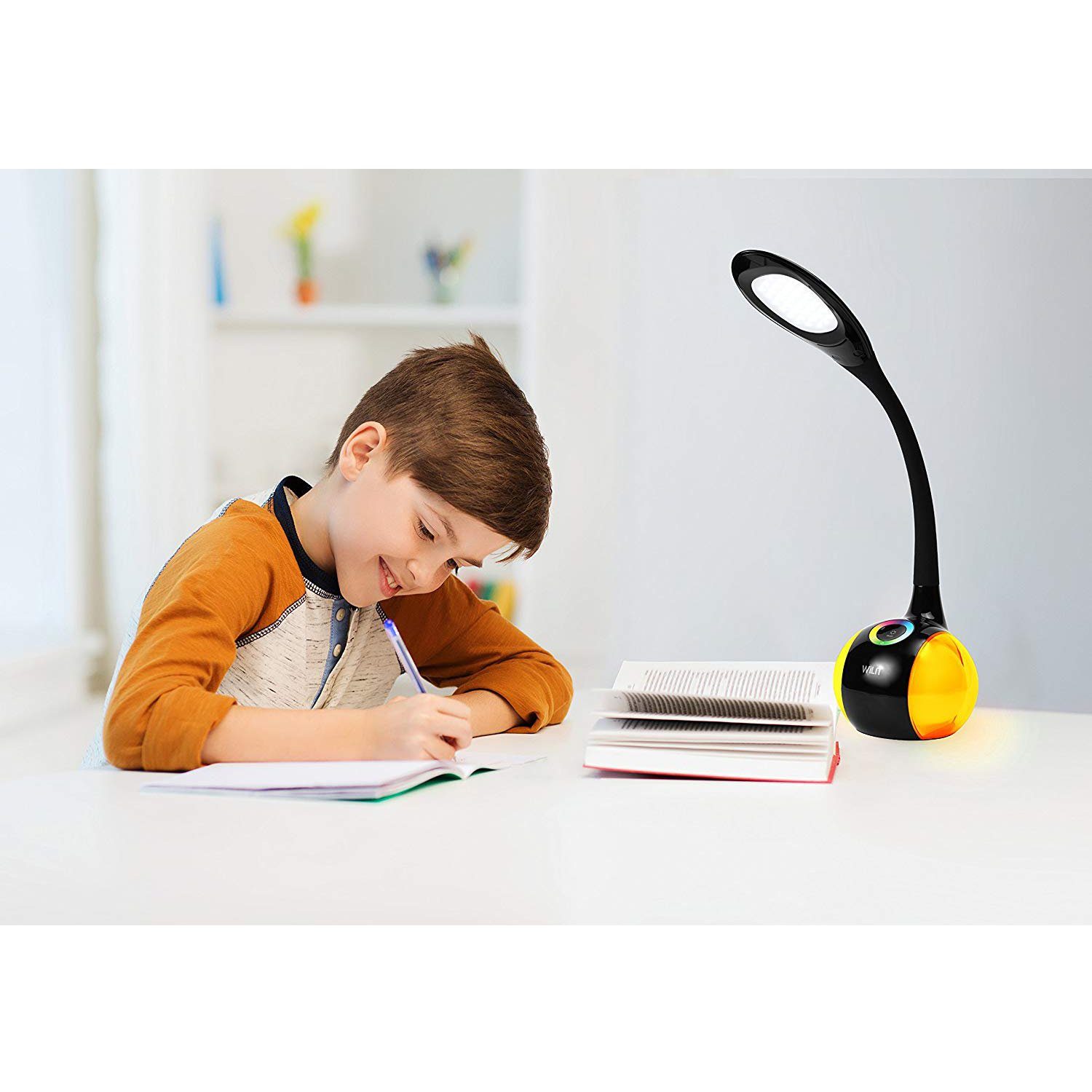 WILIT LED Tischleuchte 5W LED Schreibtischlampe Kinder Nachttischlampe Touch Dimmbar, LED fest integriert, Neutralweiß, Stufenlos Einstellbares Farblicht und 3 Helligkeitsstufen