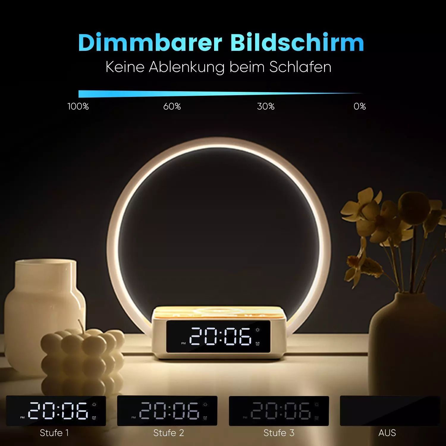 WILIT LED Tischleuchte Tischlampe Schlafzimmer Lampe Nachttisch mit Ladefunktion Kabellos, 10W kabelloses Ladegerät, LED fest integriert, Neutralweiß, Aufwachlicht, Wecker, Zeitanzeige und 3 Helligkeitsstufen dimmbar