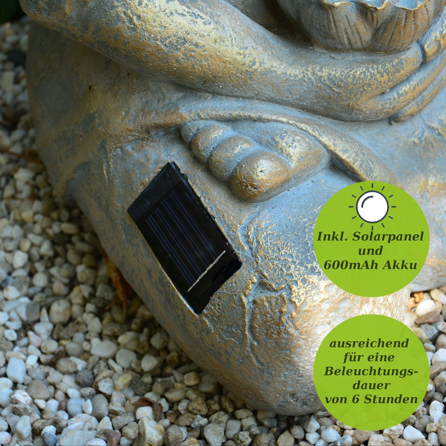 INtrenDU Gartenfigur Garten Buddha Figur 44cm mit Solarbeleuchtung und Sensorautomatik, Sensorautomatik
