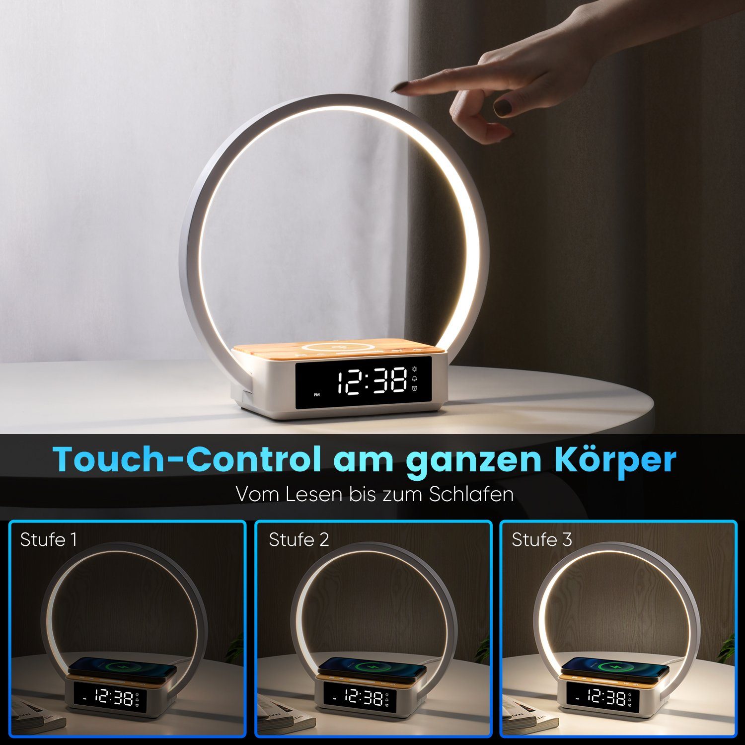 WILIT LED Tischleuchte Tischlampe Schlafzimmer Lampe Nachttisch mit Ladefunktion Kabellos, 10W kabelloses Ladegerät, LED fest integriert, Neutralweiß, Aufwachlicht, Wecker, Zeitanzeige und 3 Helligkeitsstufen dimmbar