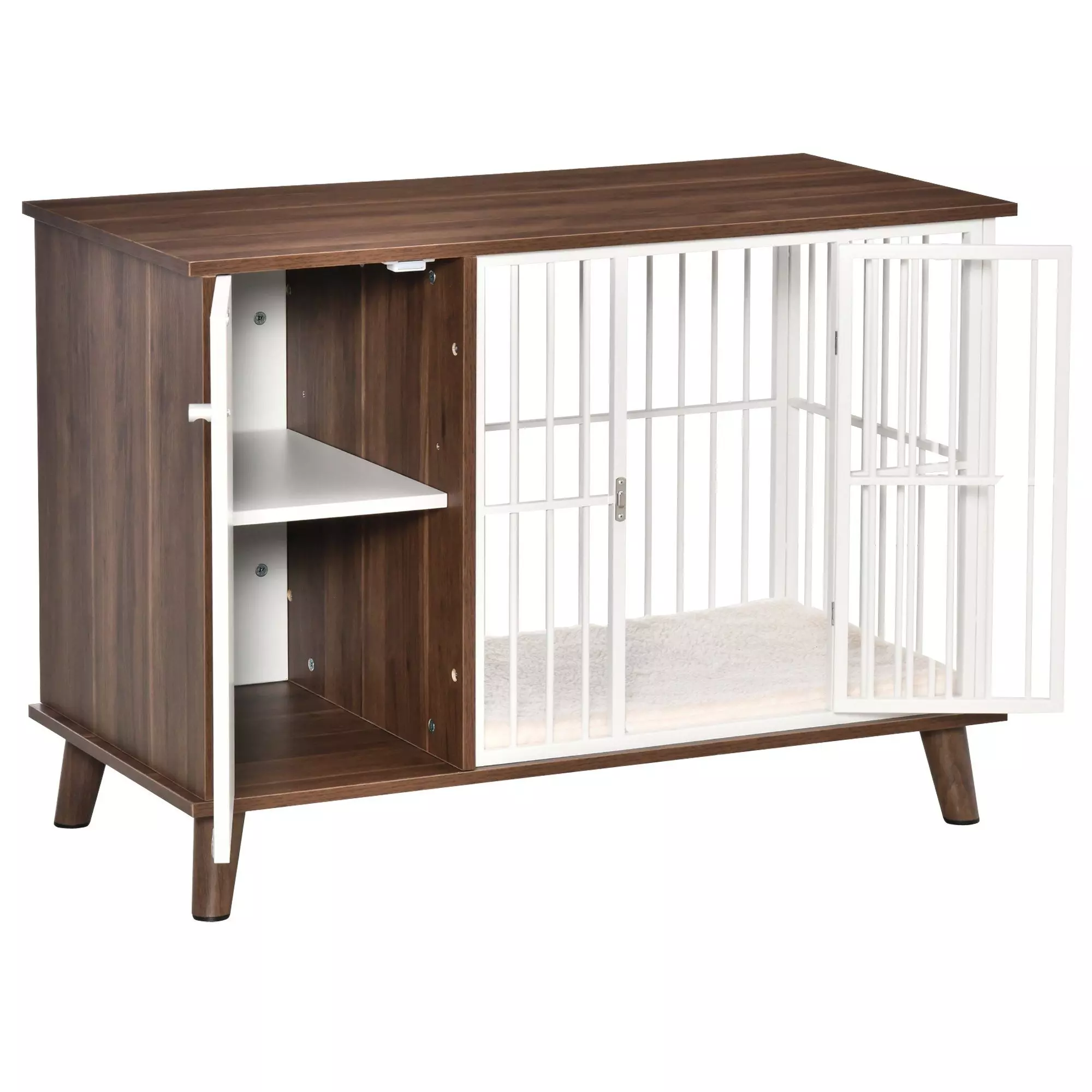 PawHut Hundehütte Hundekäfig mit Schrank inkl. Kissen 98 x 48 x 70,5 cm Braun + Weiß