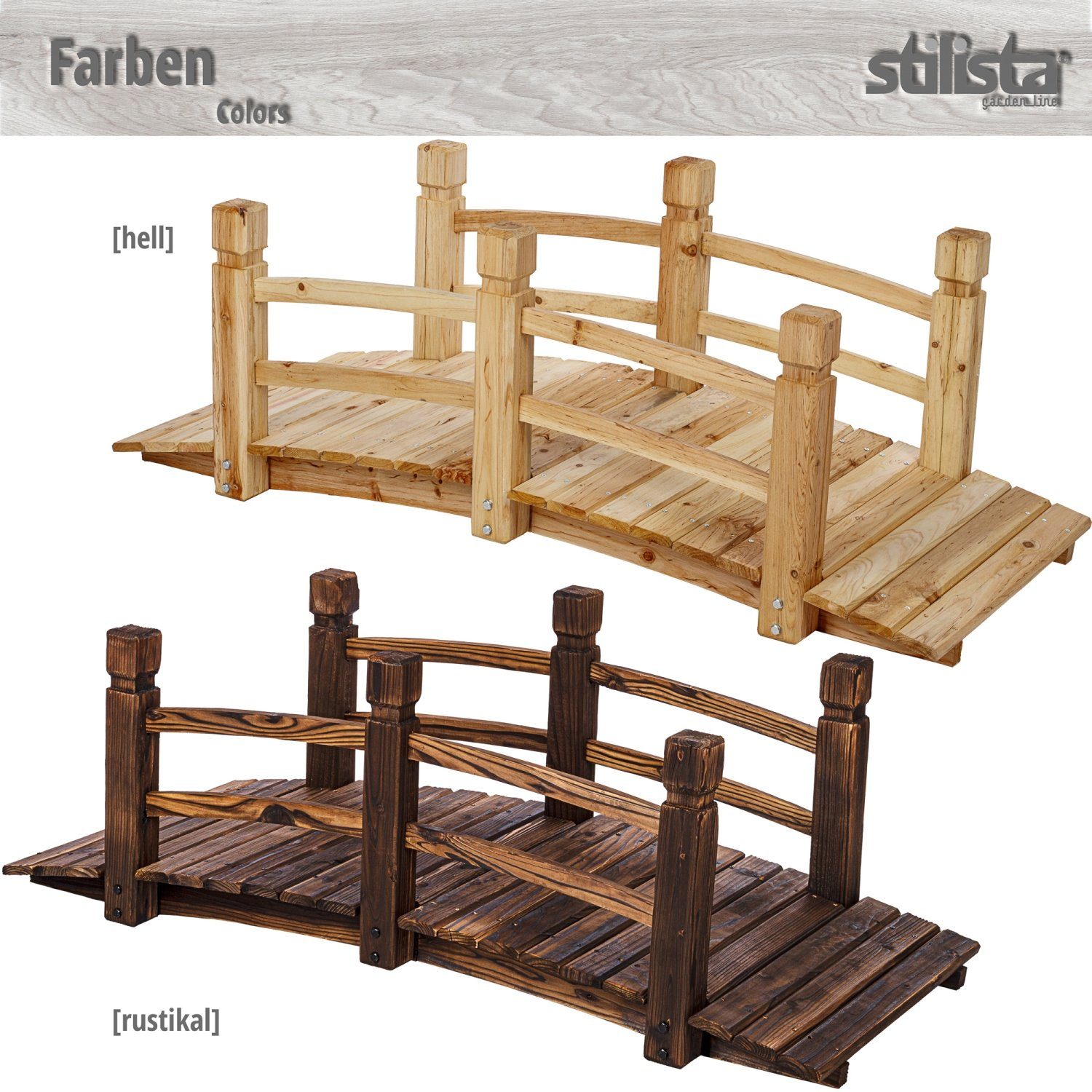 STILISTA Zierbrücke Holzbrücke Gartenbrücke Teichbrücke Dekobrücke, 150 x 65 x 53 cm, mit Geländer, geölt, Farbwahl