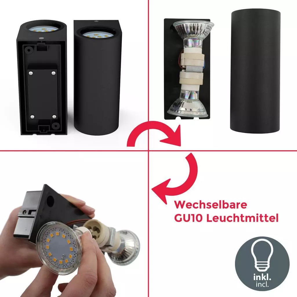 B.K.Licht Wandleuchte LED Wandlampe Außen & Innen Wandspot 15x9cm schwarz IP44 - BKL1140, LED wechselbar, Warmweiß, 3000K Badleuchte Hauswand Up Down 2x GU10 5W 400lm Terrasse Badezimmer