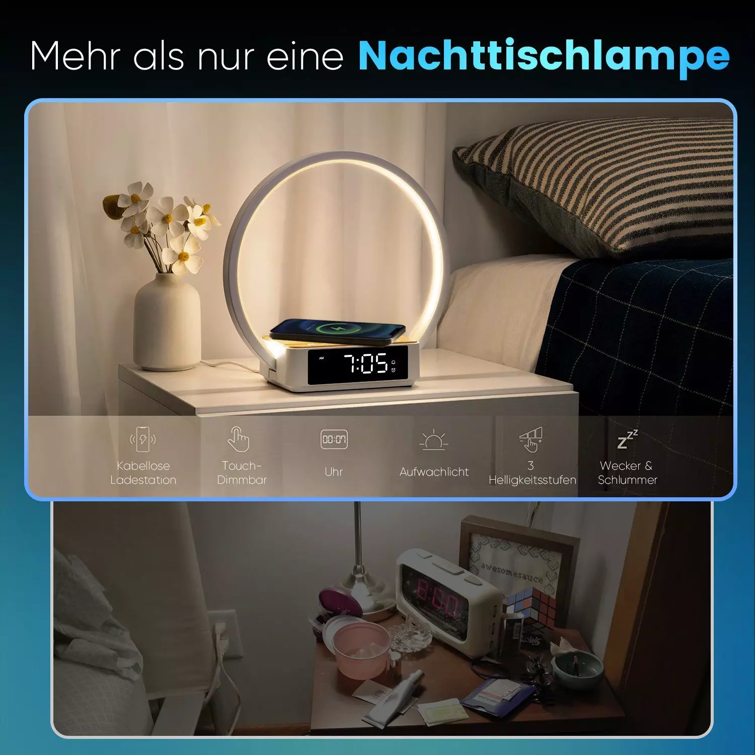 WILIT LED Tischleuchte Tischlampe Schlafzimmer Lampe Nachttisch mit Ladefunktion Kabellos, 10W kabelloses Ladegerät, LED fest integriert, Neutralweiß, Aufwachlicht, Wecker, Zeitanzeige und 3 Helligkeitsstufen dimmbar