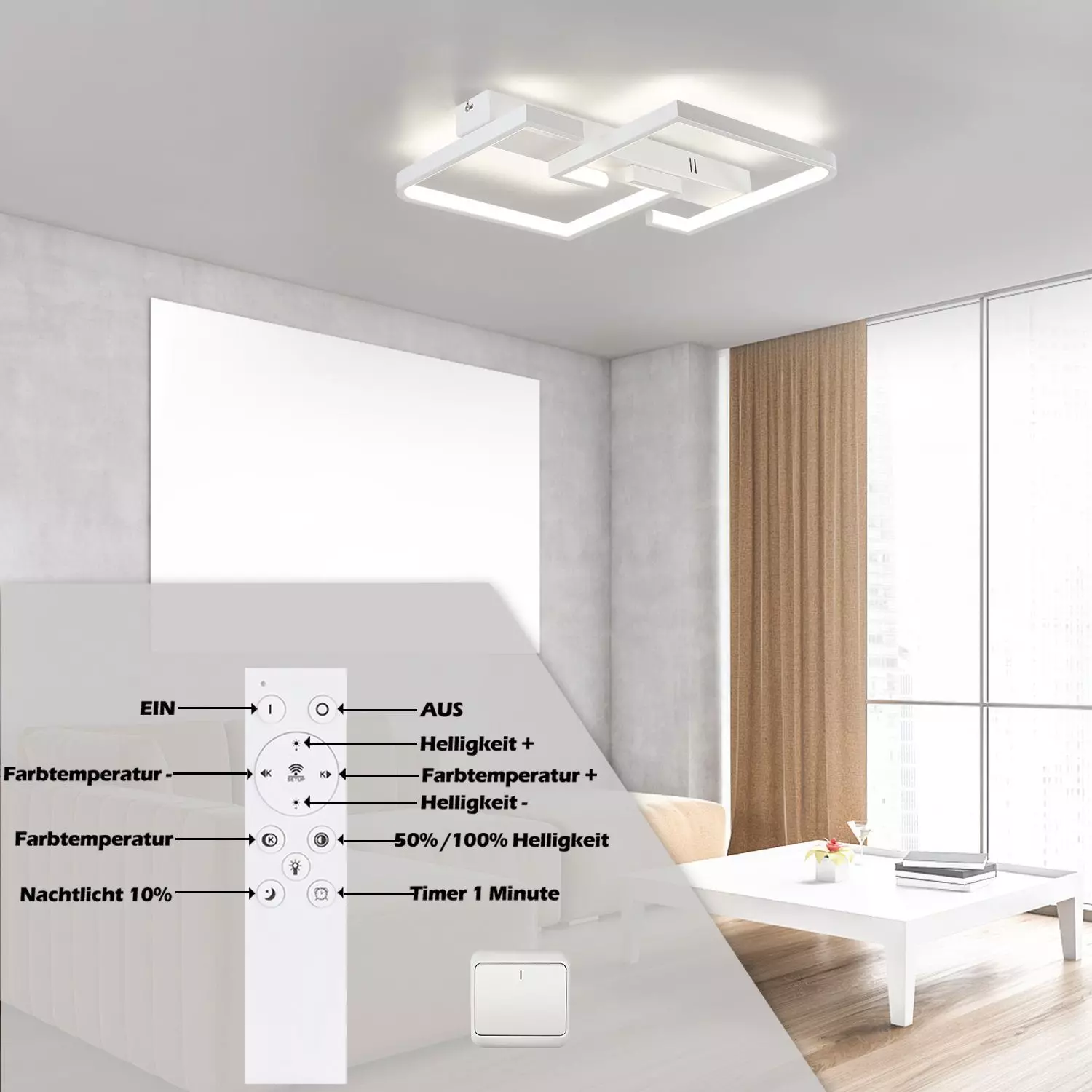 ZMH LED Deckenleuchte Deckenlampe dimmbar mit Fernbedienung für Schlafzimmer Flur, Hochwertige Lampenperlen, LED fest integriert, 3000-6500k, Weiß