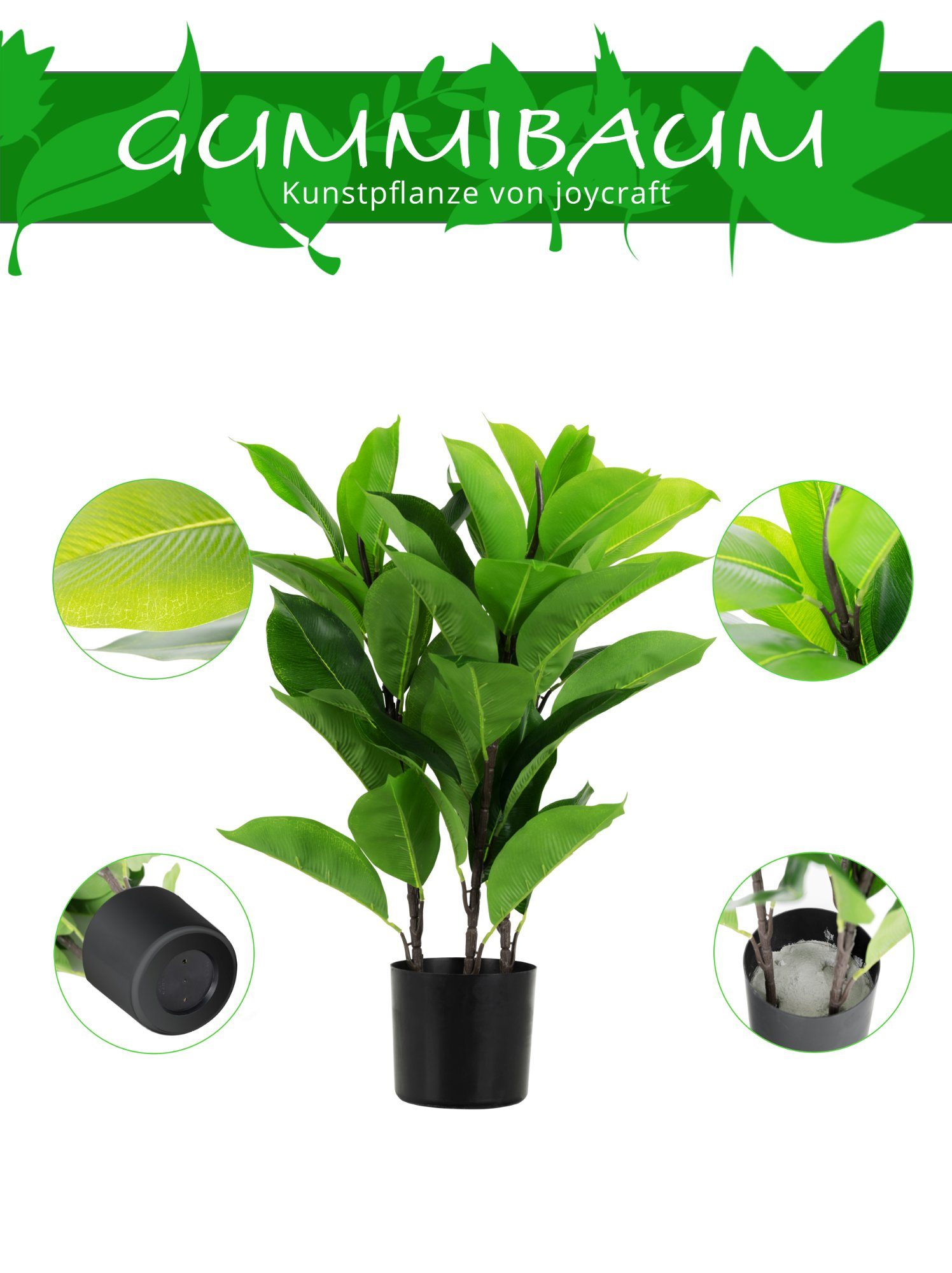 Kunstbaum GB-60 Kunstpflanze - künstlicher Kautschukbaum im Plastiktopf - 60cm hoch 40cm Durchmesser - Dekopflanze aus Plastik - Immergrünes, pflegeleichtes Ficus-Elastica-Imitat Gummibaum, joycraft, Höhe 60 cm