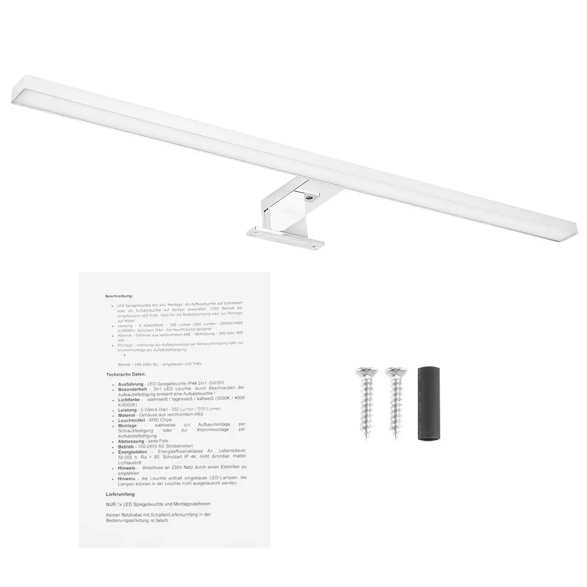 LETGOSPT Wandleuchte LED Spiegelleuchte, 30cm 60cm LED Spiegellampe, LED fest integriert, Kaltweiß, Aufbauleuchte + Klemmleuchte, Aluminium, Schminklicht, Schrank-Beleuchtung 230V 650 IP44