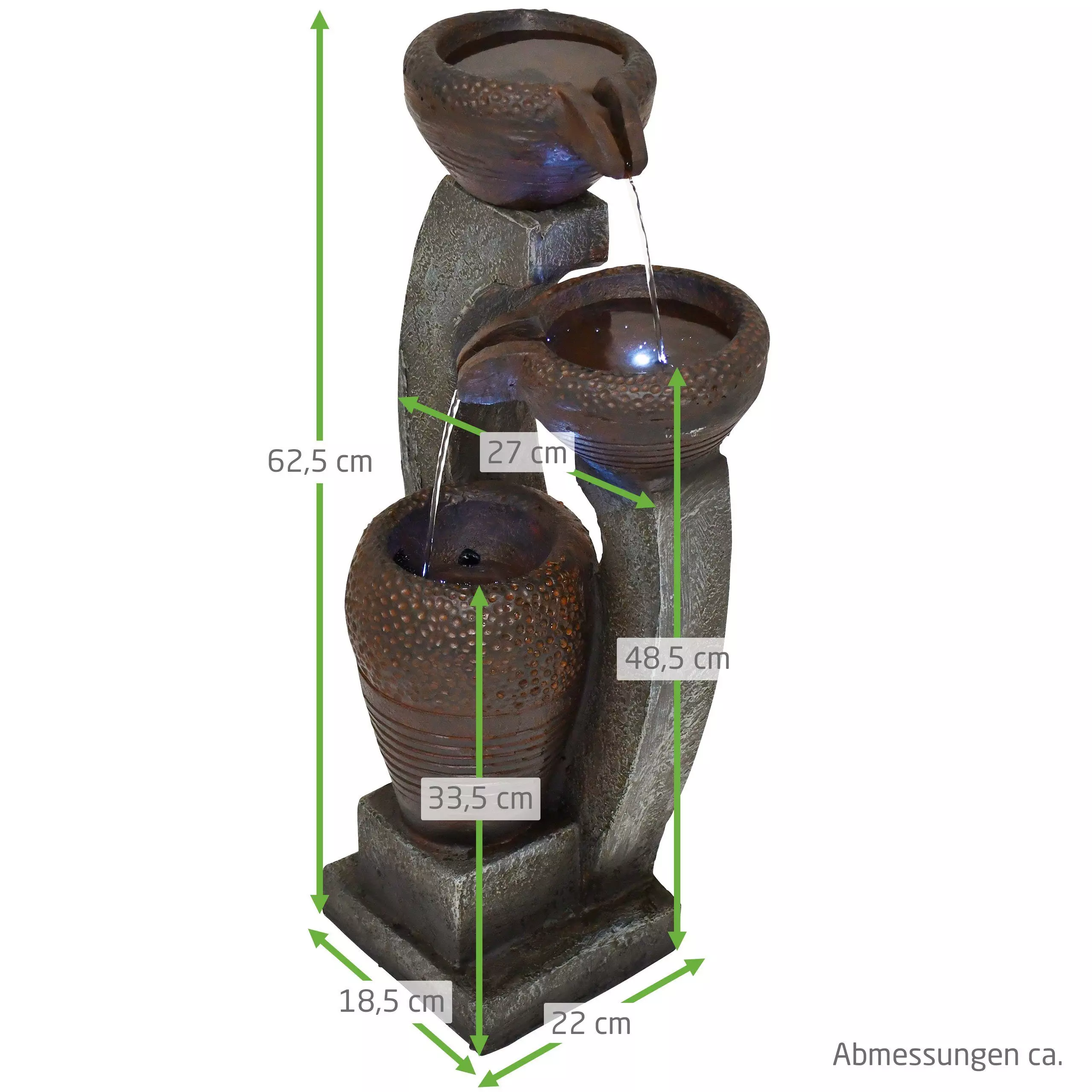 MACO-Möbel Vertriebs GmbH Gartenbrunnen SEMATAN Medium, 62,5 cm hoch, 22 cm breit, LED-Licht kaltweiß, Wasserspiel sehr leise & dezent