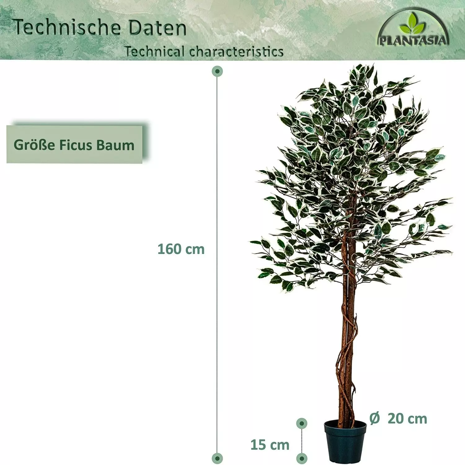 Kunstbaum Künstlicher Ficus Benjamini Ficusbaum Kunstpflanze Ficusbaum, PLANTASIA, Höhe 160,00 cm, 160 cm, 714 Blätter, Echtholzstamm, Größenwahl