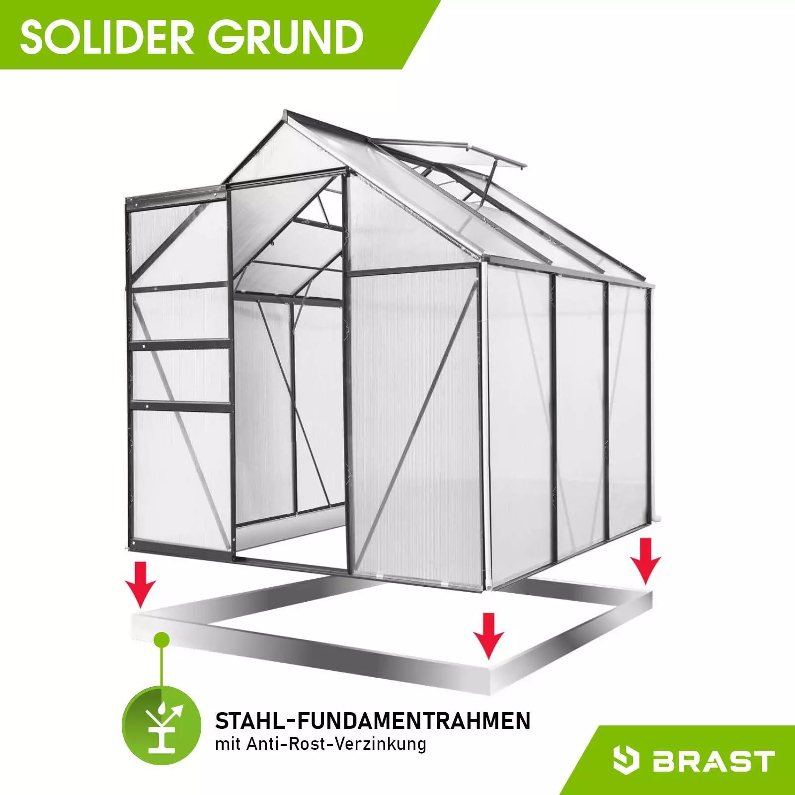 BRAST Gewächshaus ALU mit Fundament rostfrei 190x190x195cm TÜV geprüft, wetterfestes hochwertiges Aluminium