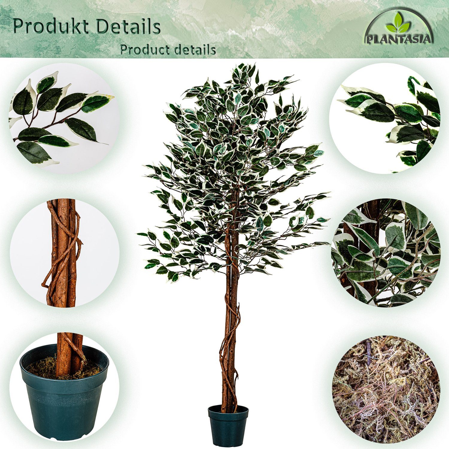 Kunstbaum Künstlicher Ficus Benjamini Ficusbaum Kunstpflanze Ficusbaum, PLANTASIA, Höhe 160,00 cm, 160 cm, 714 Blätter, Echtholzstamm, Größenwahl