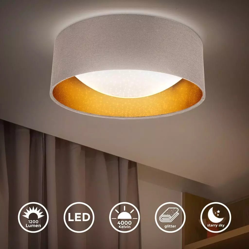 B.K.Licht Deckenleuchte LED Stoff-Deckenlampe 32cm Sternenhimmeleffekt Taupe-Gold - BKL1307, LED fest integriert, Neutralweiß, 4000K Lampe 12W 1200lm Stoffdeckenleuchte Wohnzimmer Schlafzimmer