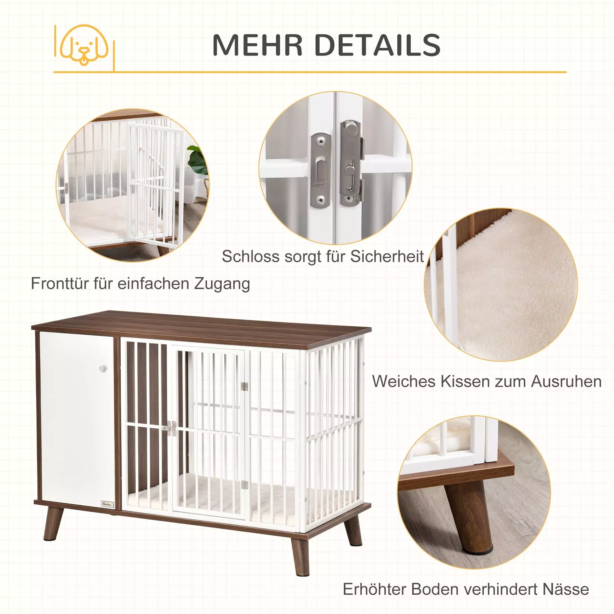 PawHut Hundehütte Hundekäfig mit Schrank inkl. Kissen 98 x 48 x 70,5 cm Braun + Weiß