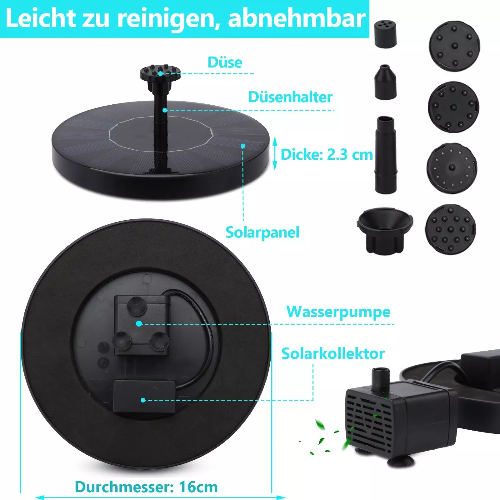 Clanmacy Gartenbrunnen SolarPumpe Solarbrunnen,Schwimmende Solarbrunnenpumpe mit 6 Brunnenstilen für den Garten, Solarwasserpumpe, Pumpe für Gartenteiche oder Vogeltränke 1.5W