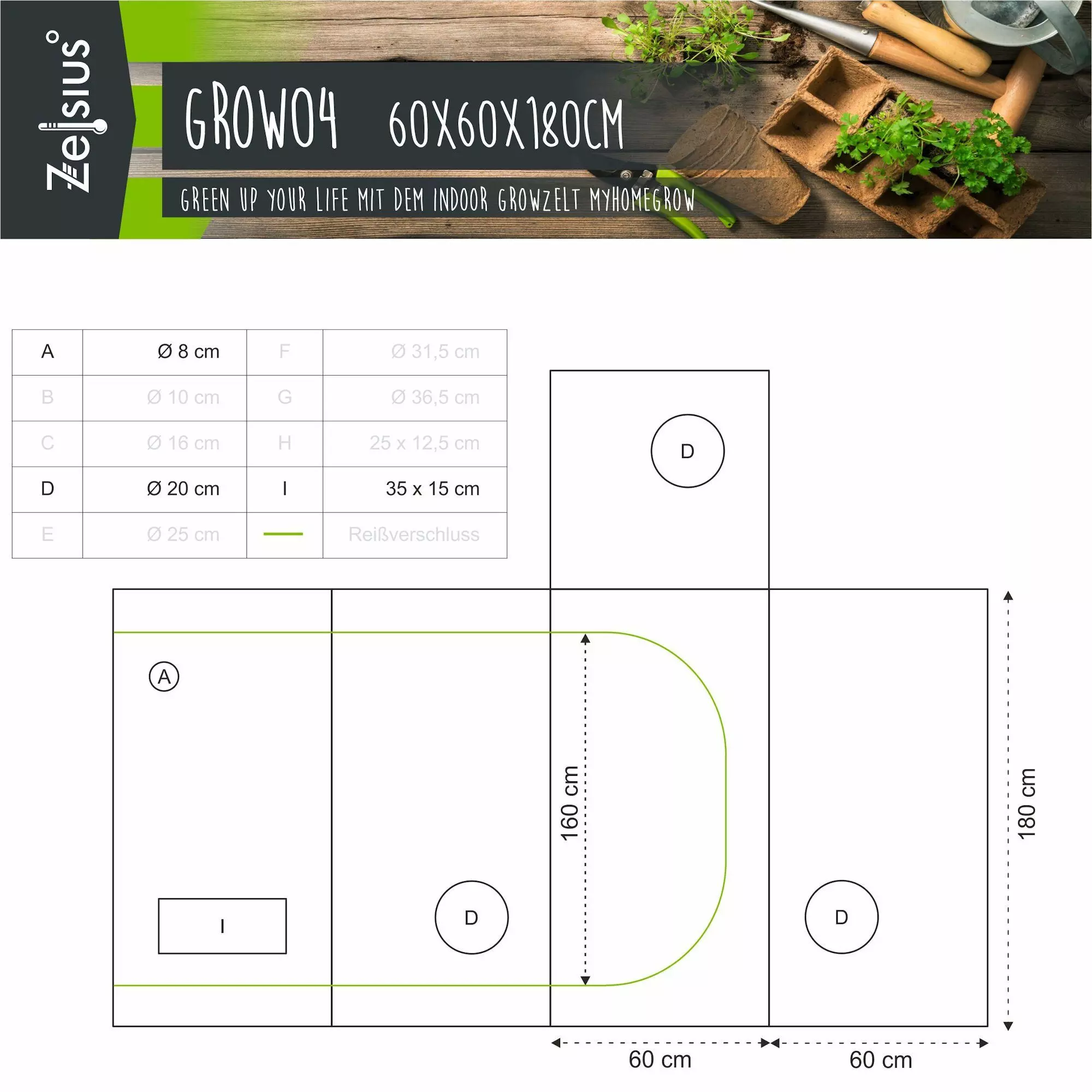 Zelsius Gewächshaus Zelsius Grow Tent 60 x 60 x 180 cm grau/schwarz Pf